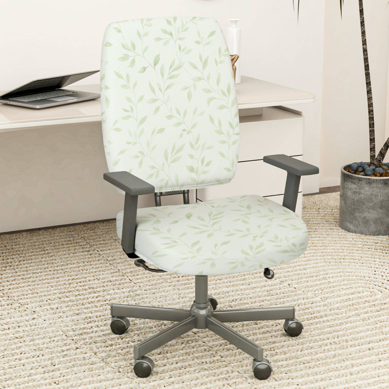 2-Piece Leaf Print Green  Computer Chair Cover Set, Seat and Backrest