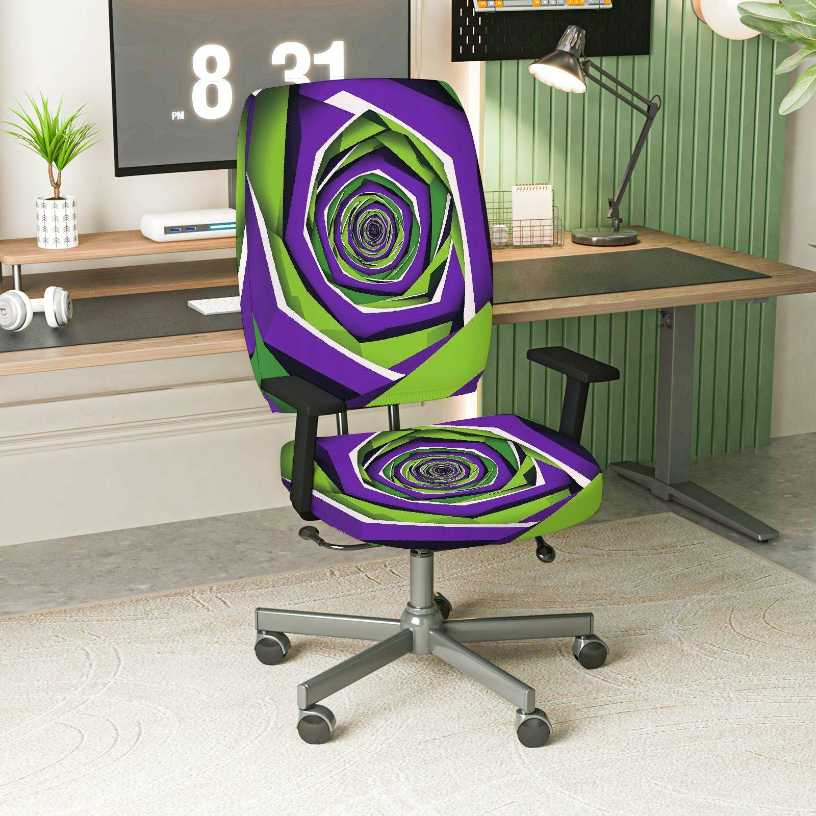 2-Piece Geometric Spiral Vortex Purple Green Creative Pattern  Computer Chair Cover Set, Seat and Backrest