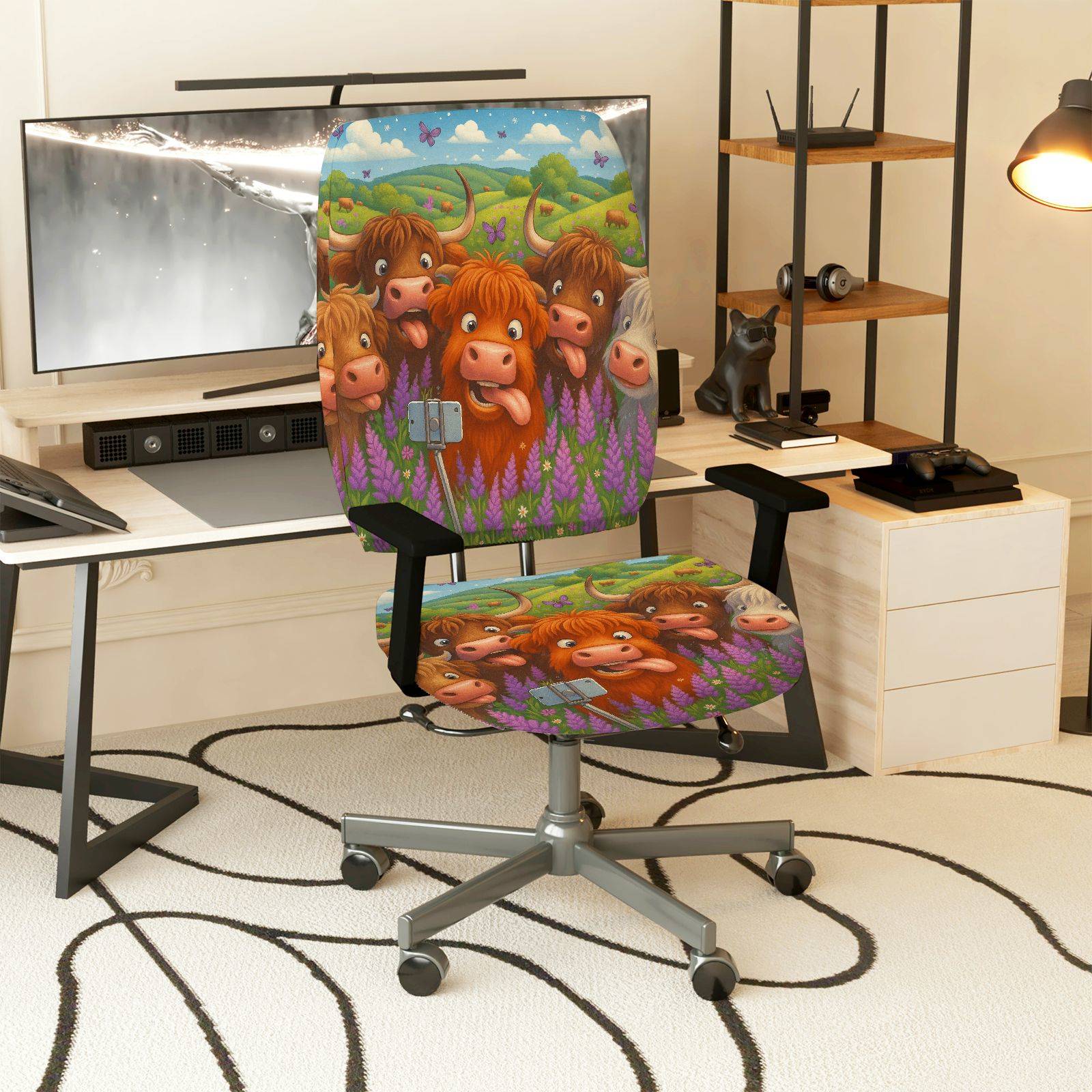 2-Piece Animal Pastoral Highland Cow Farm Nature  Computer Chair Cover Set, Seat and Backrest