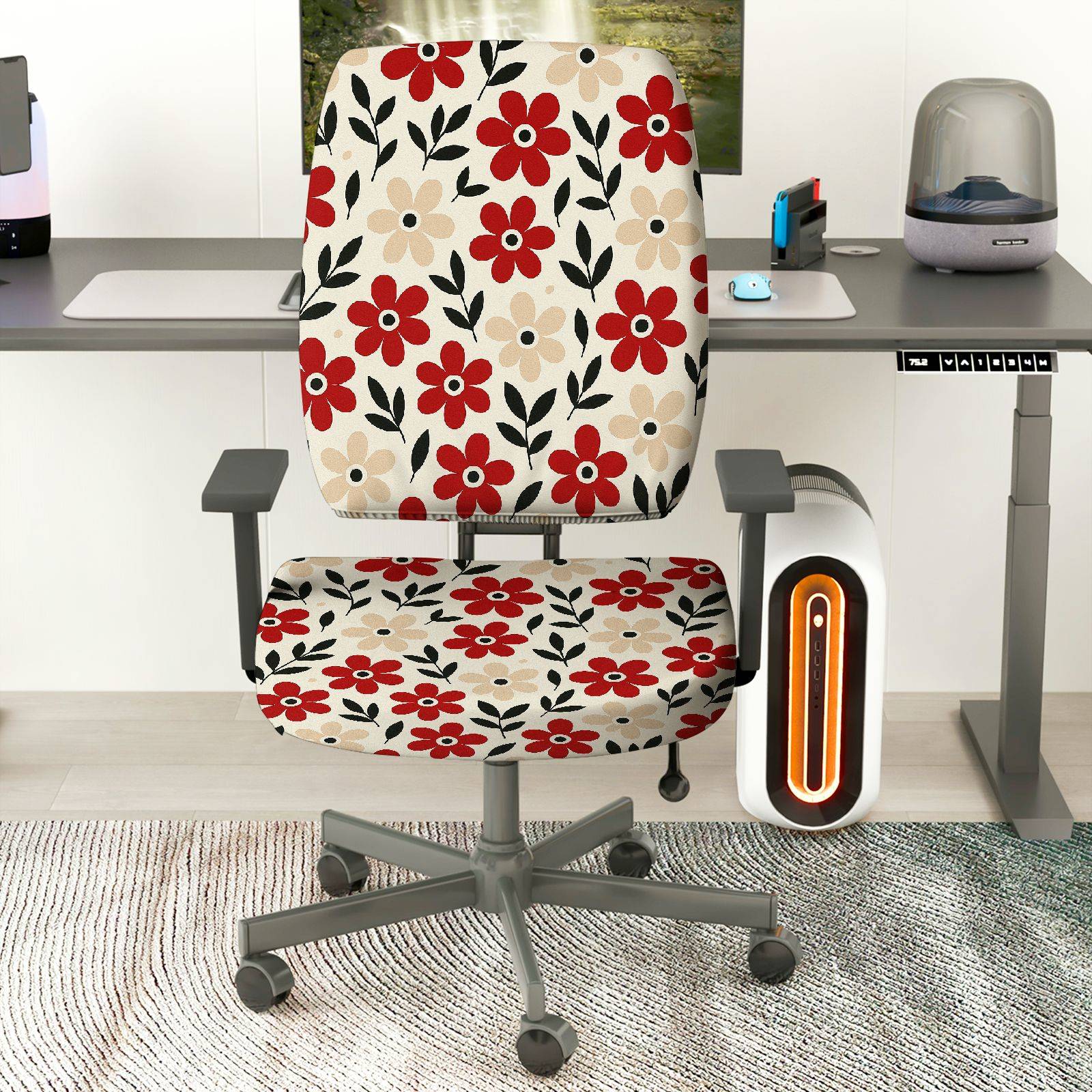 2-Piece Floral Red Beige Black Pattern  Computer Chair Cover Set, Seat and Backrest