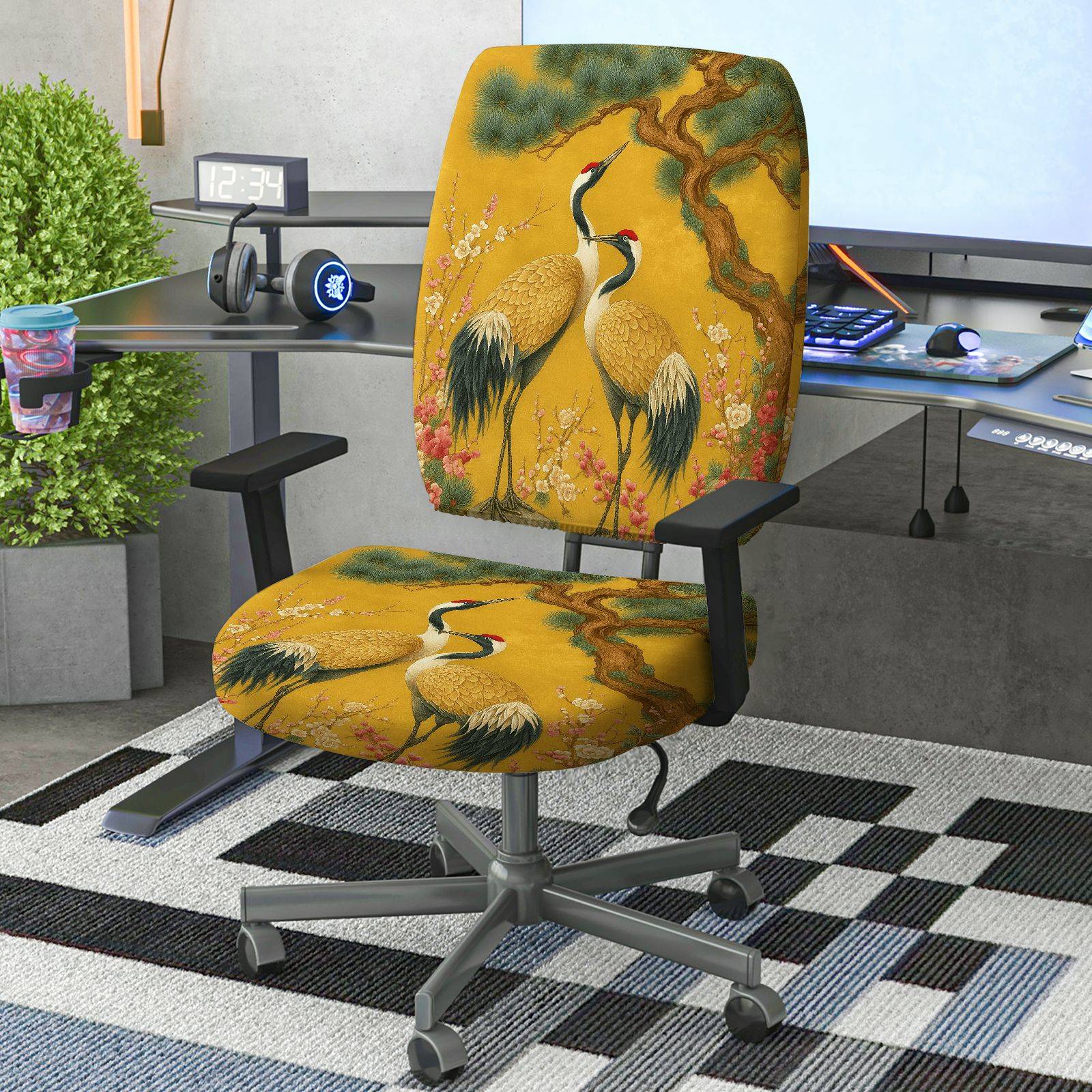 2-Piece Asian Crane Floral Tree Nature Art  Computer Chair Cover Set, Seat and Backrest