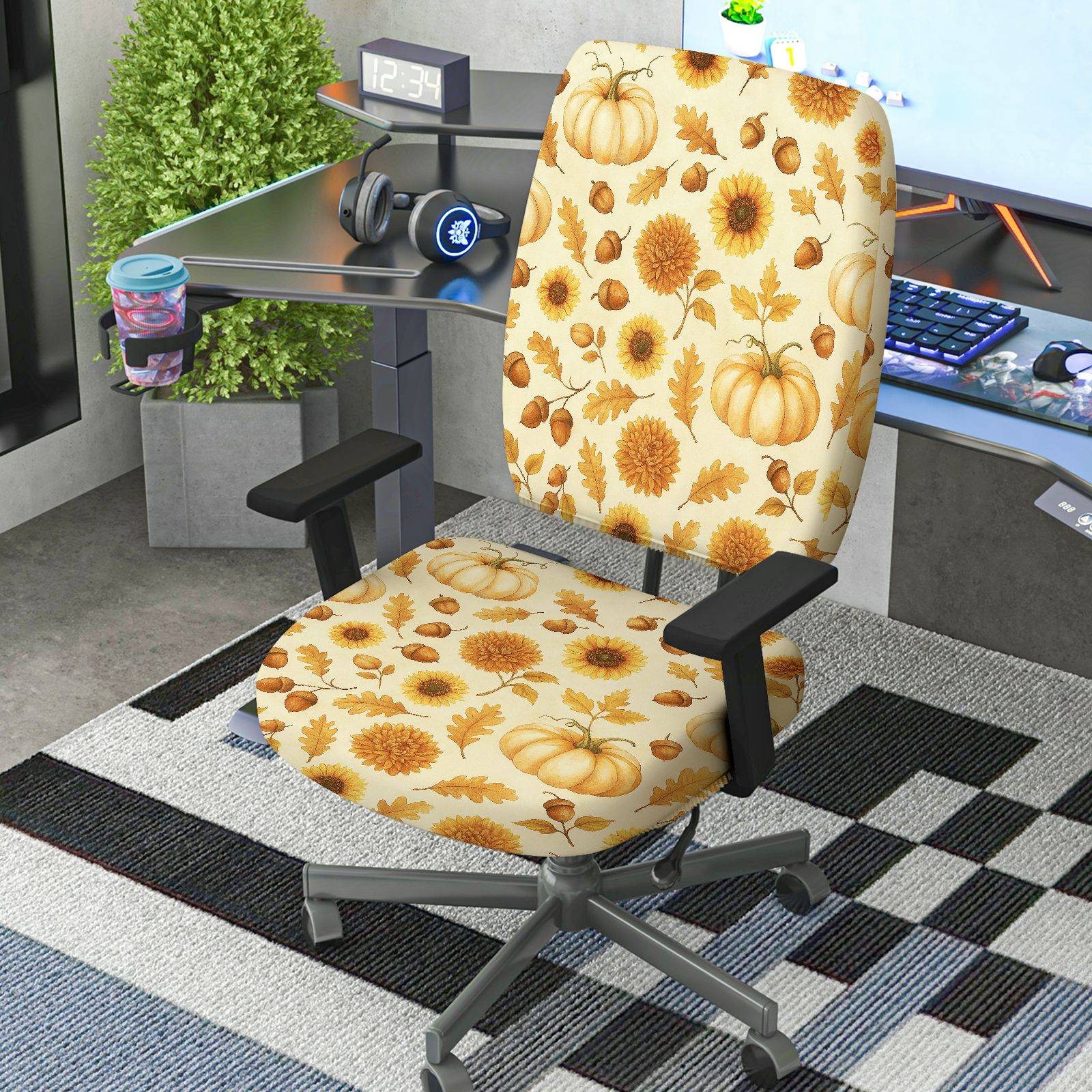 2-Piece Autumn Pumpkin Sunflower Maple Leaf Acorn  Computer Chair Cover Set, Seat and Backrest
