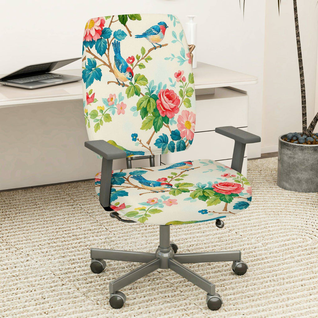 2-Piece Floral Bird Pattern Rose Spring Nature Garden  Computer Chair Cover Set, Seat and Backrest