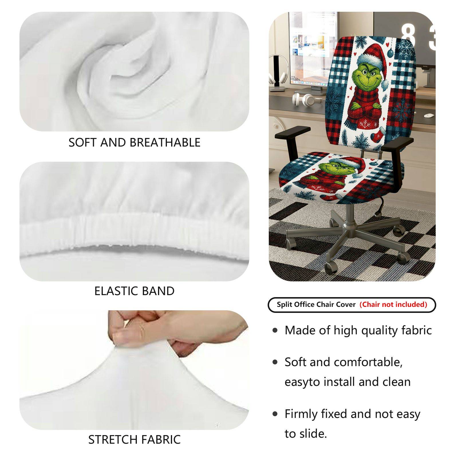 2-Piece Christmas Grinch Plaid Snowflake Holiday  Computer Chair Cover Set, Seat and Backrest