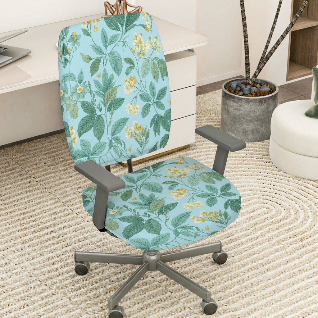 2-Piece Floral Green Yellow Botanical Pattern  Computer Chair Cover Set, Seat and Backrest