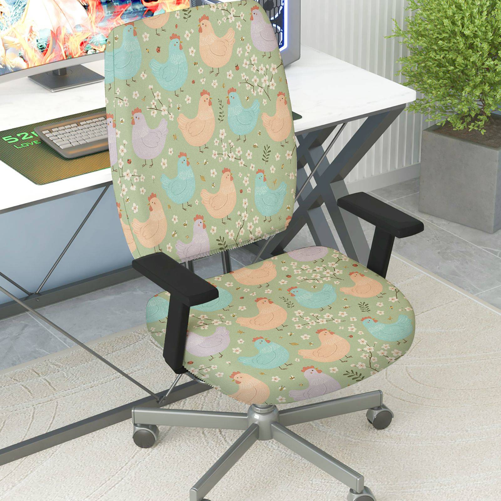 2-Piece Animal Farm Chicken Green Floral  Computer Chair Cover Set, Seat and Backrest