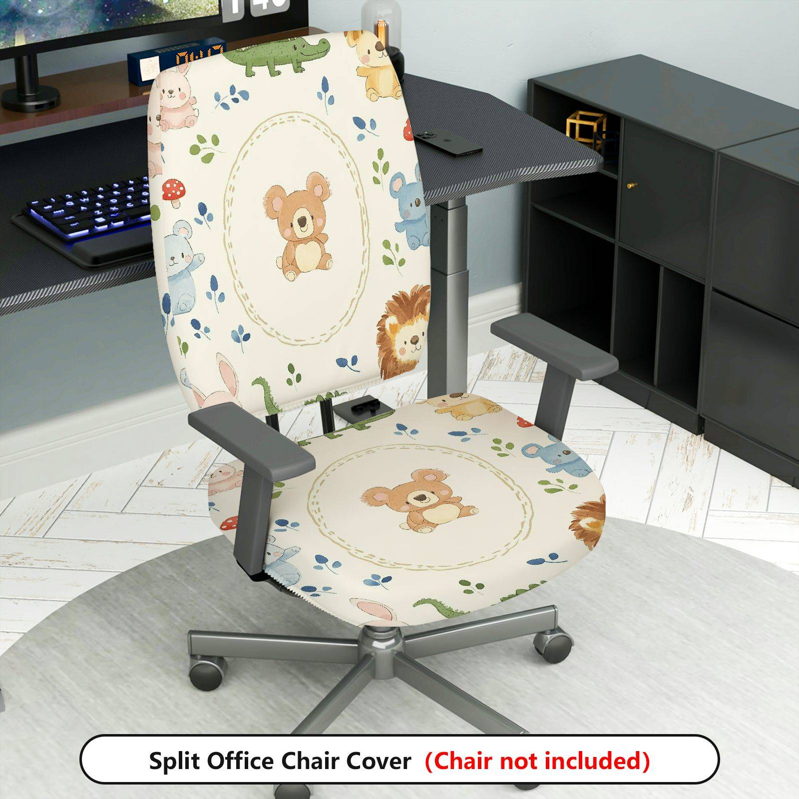2-Piece Bear Print Cute Decorative Fun Animal Pattern  Computer Chair Cover Set, Seat and Backrest