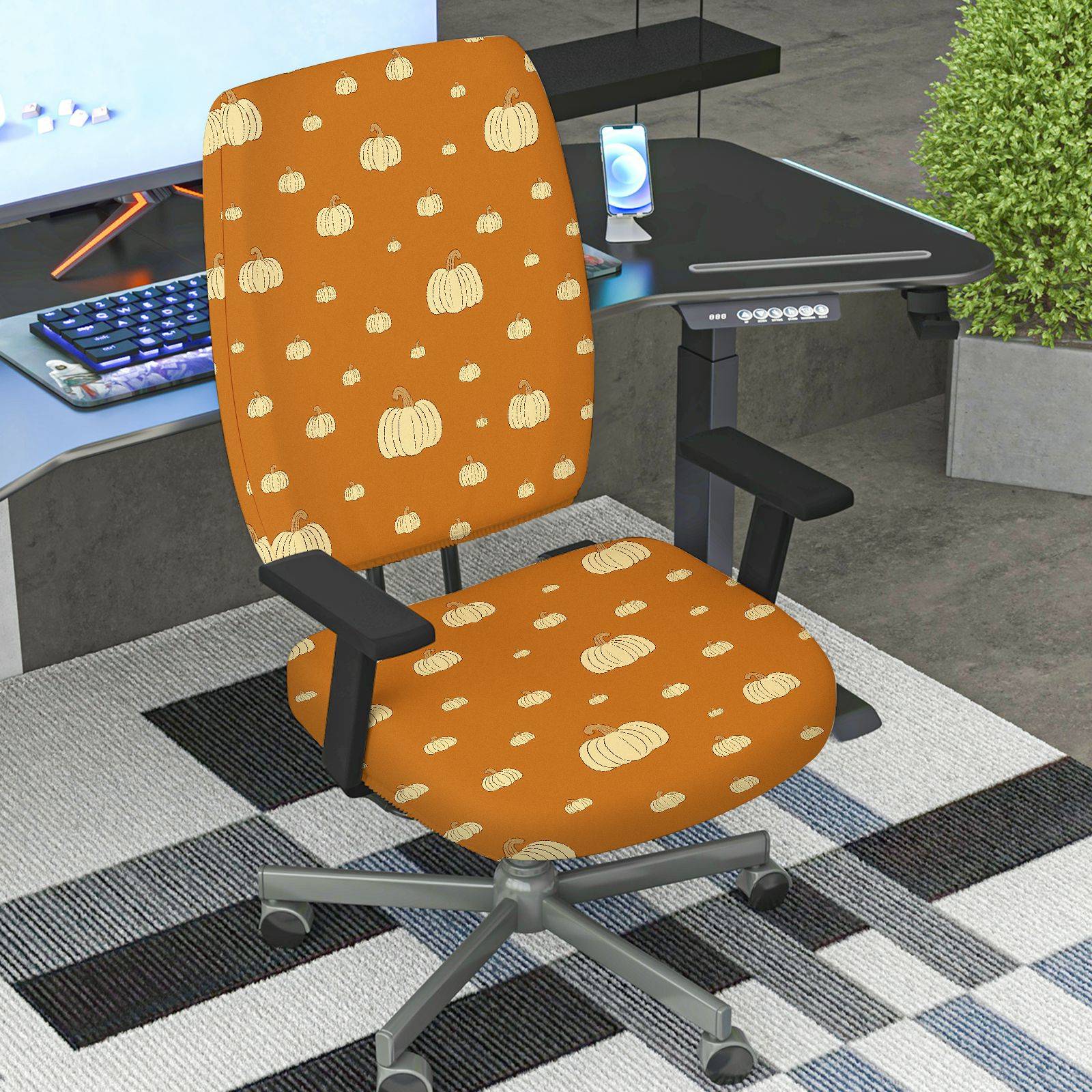 2-Piece Autumn Fall Pumpkin Harvest Printed  Computer Chair Cover Set, Seat and Backrest