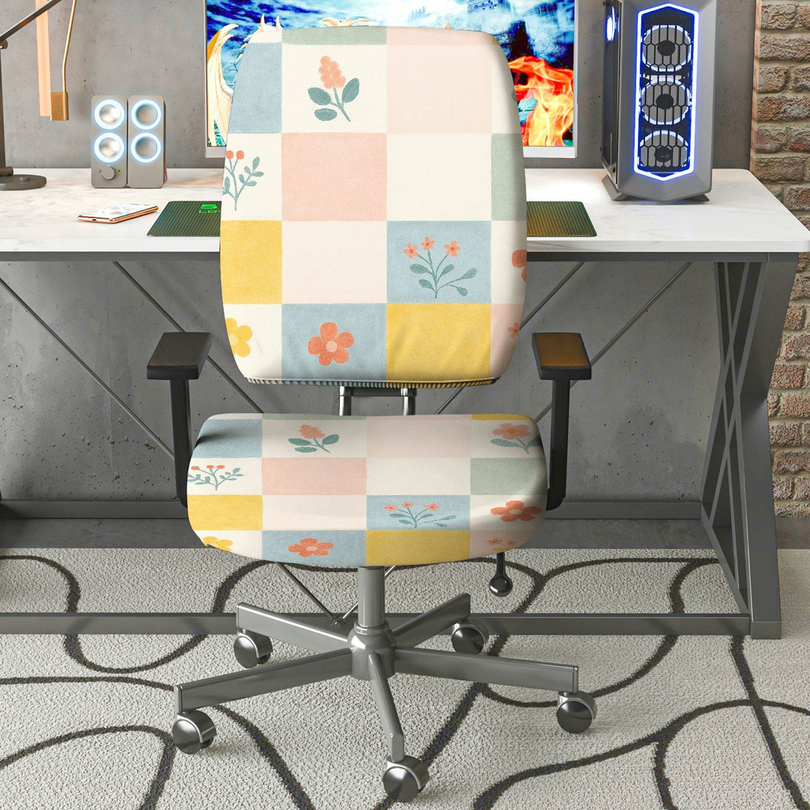 2-Piece Colorful Floral Geometric Patchwork Pattern  Computer Chair Cover Set, Seat and Backrest