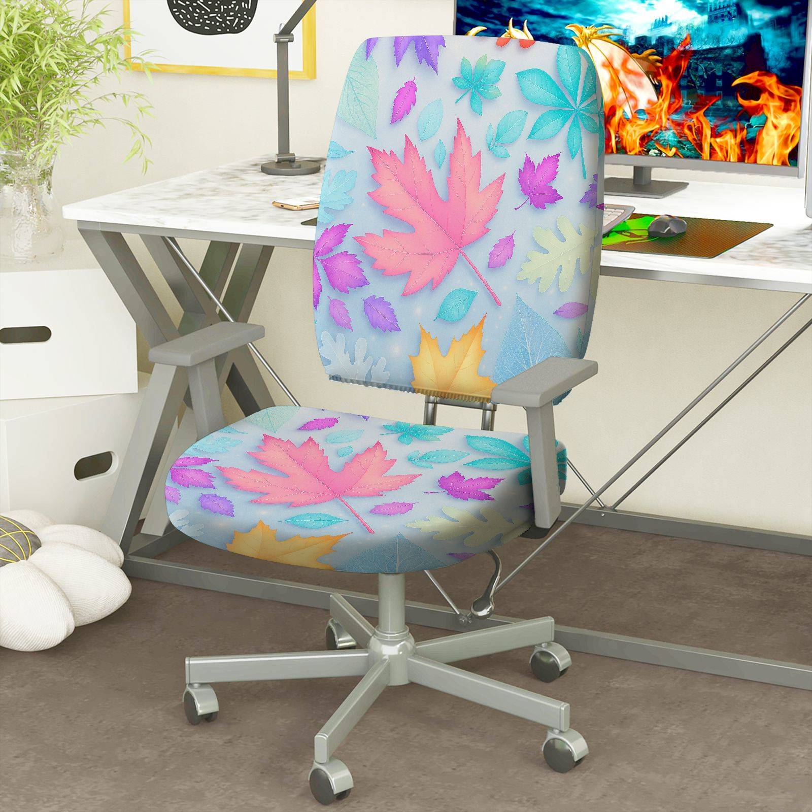 2-Piece Autumn Leaves Floral Pattern Colorful Design  Computer Chair Cover Set, Seat and Backrest