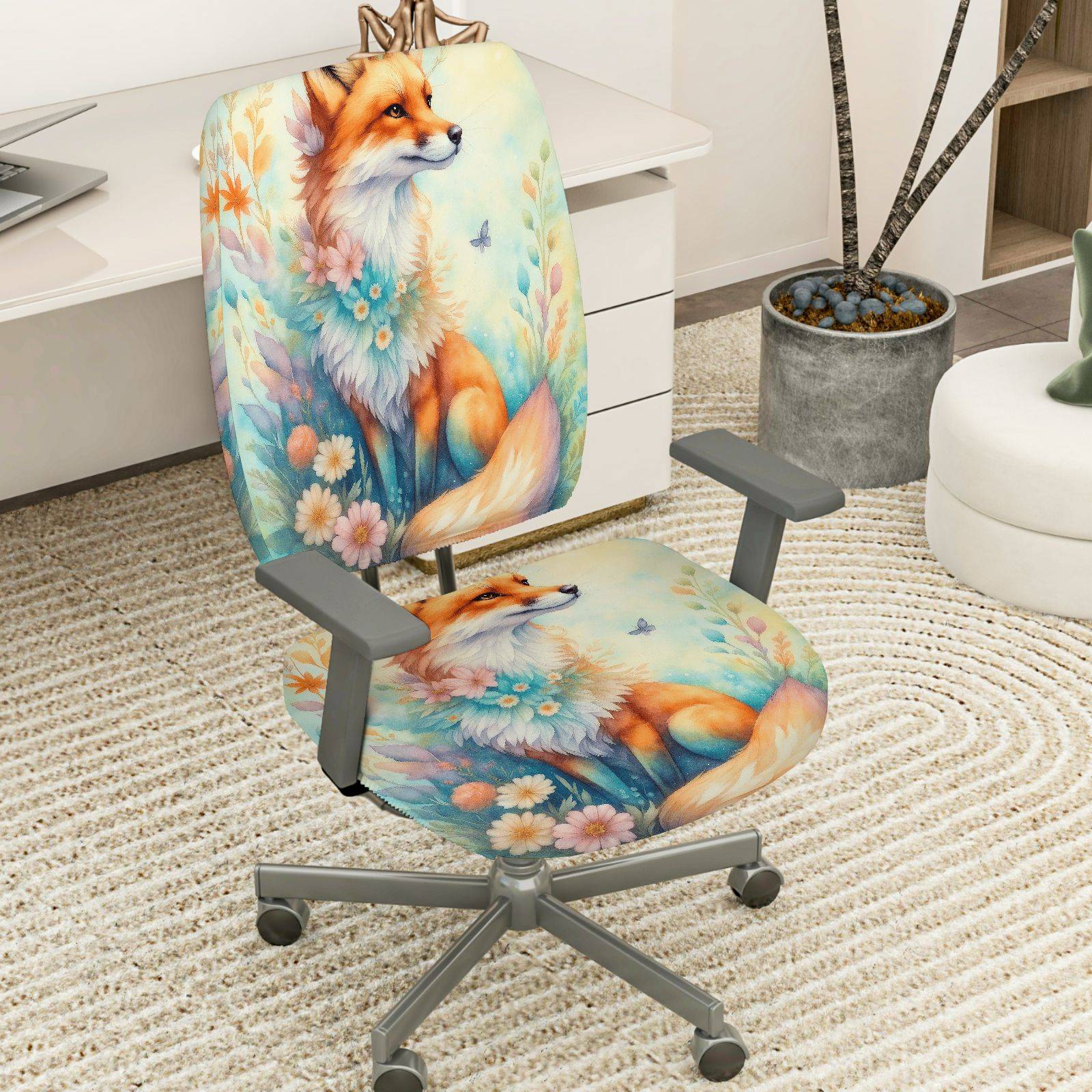 2-Piece Fox Floral Nature Artistic Decorative Animal  Computer Chair Cover Set, Seat and Backrest