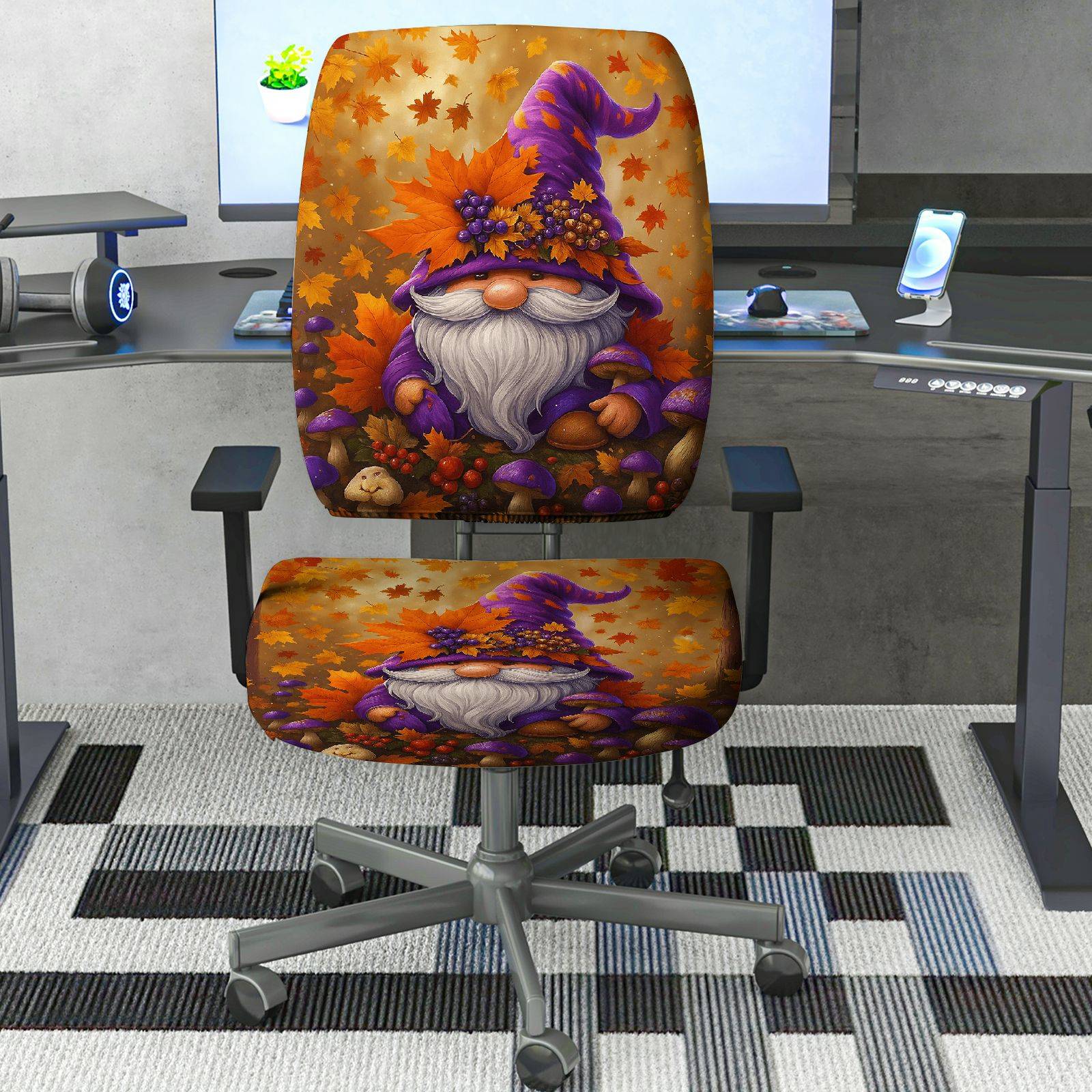 2-Piece Autumn Gnome Mushroom Leaves Halloween  Computer Chair Cover Set, Seat and Backrest