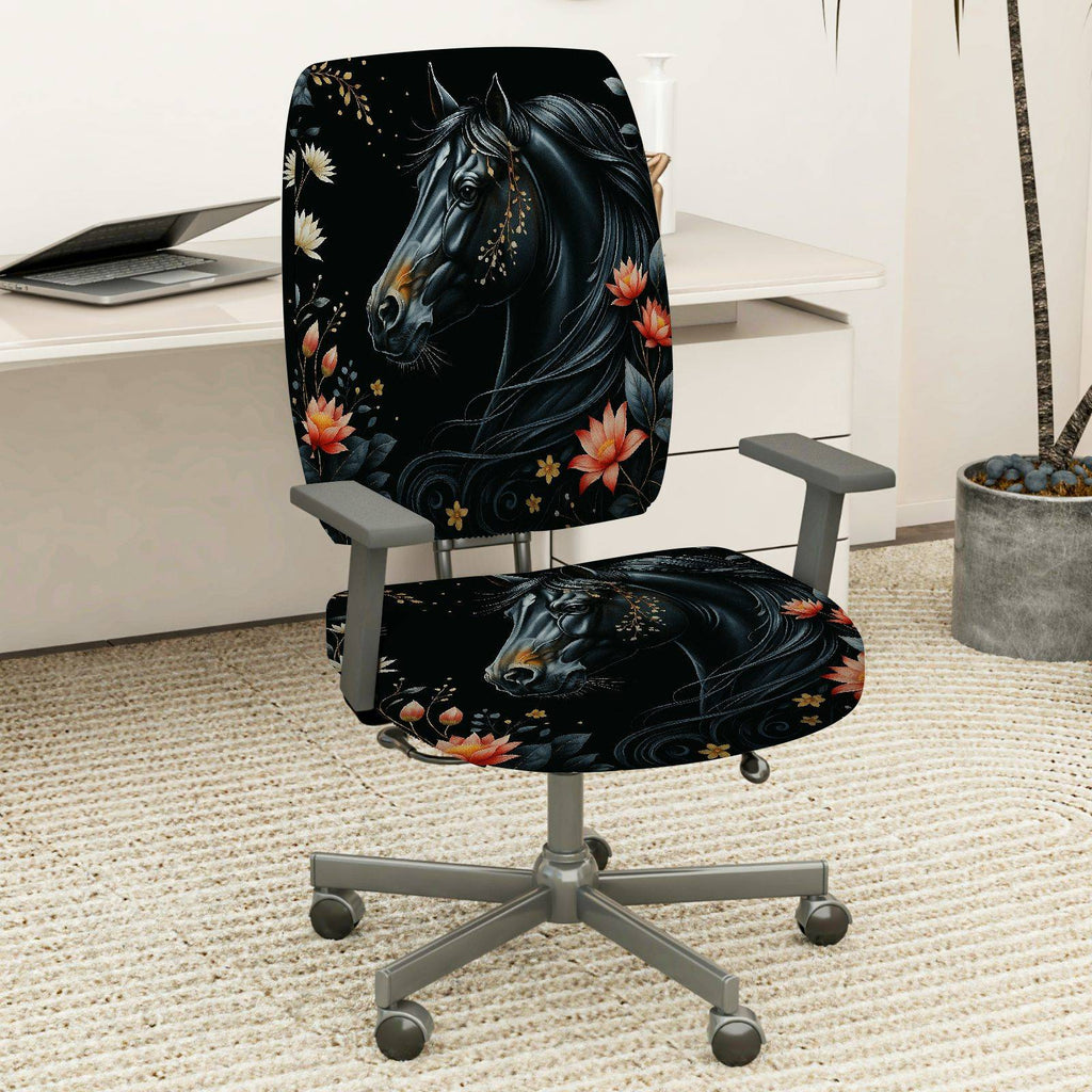 2-Piece Black Horse Floral Pattern  Computer Chair Cover Set, Seat and Backrest