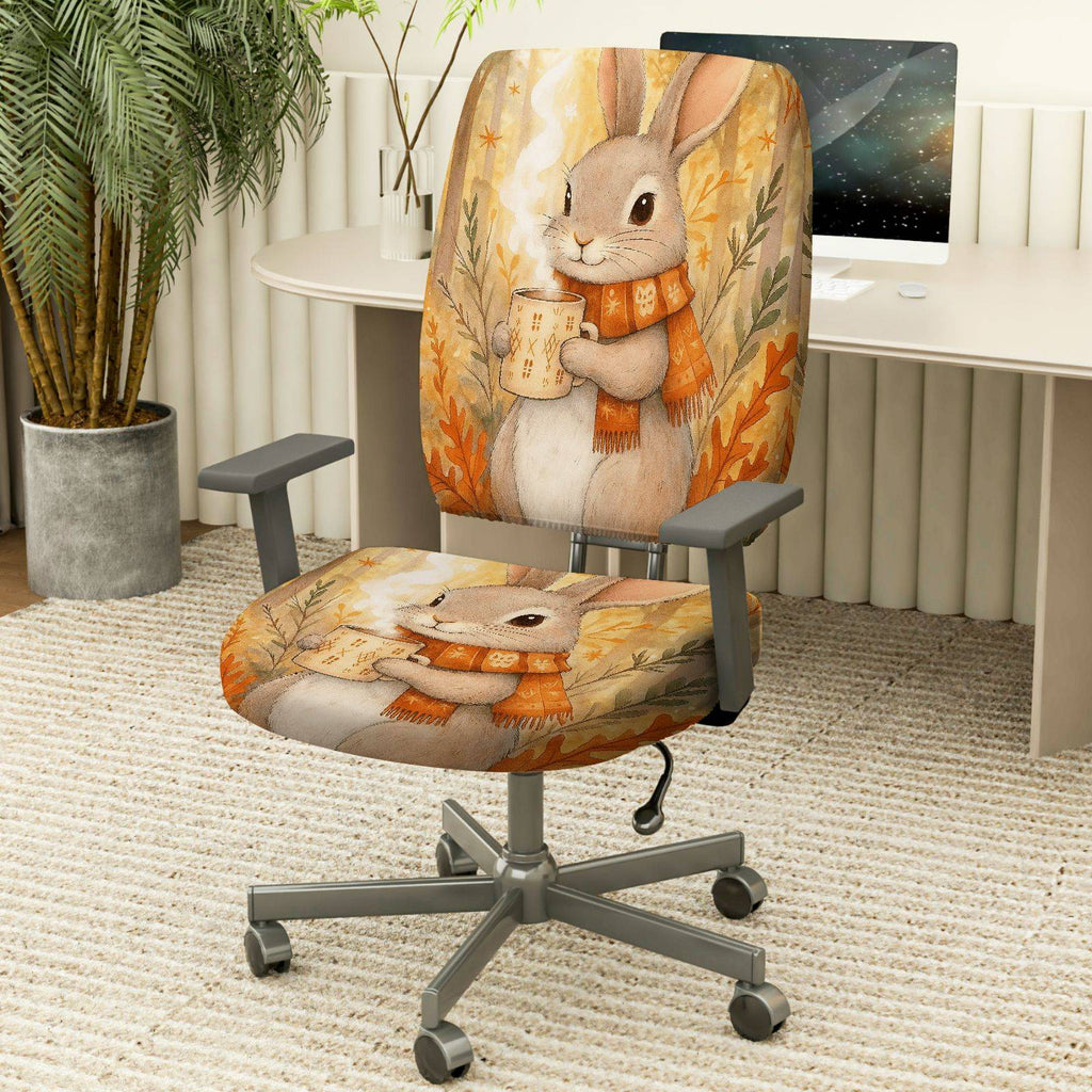 2-Piece Autumn Animal Cute Bunny Warm Coffee  Computer Chair Cover Set, Seat and Backrest