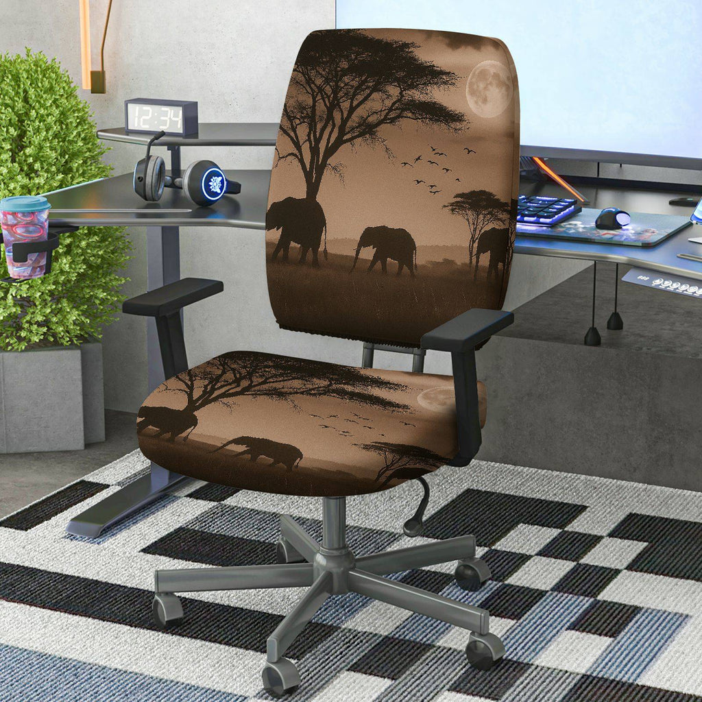 2-Piece African Safari Moon Elephant Bird Tree  Computer Chair Cover Set, Seat and Backrest