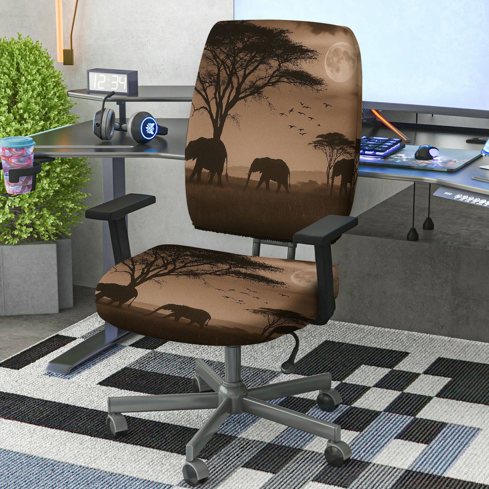 2-Piece African Safari Moon Elephant Bird Tree  Computer Chair Cover Set, Seat and Backrest