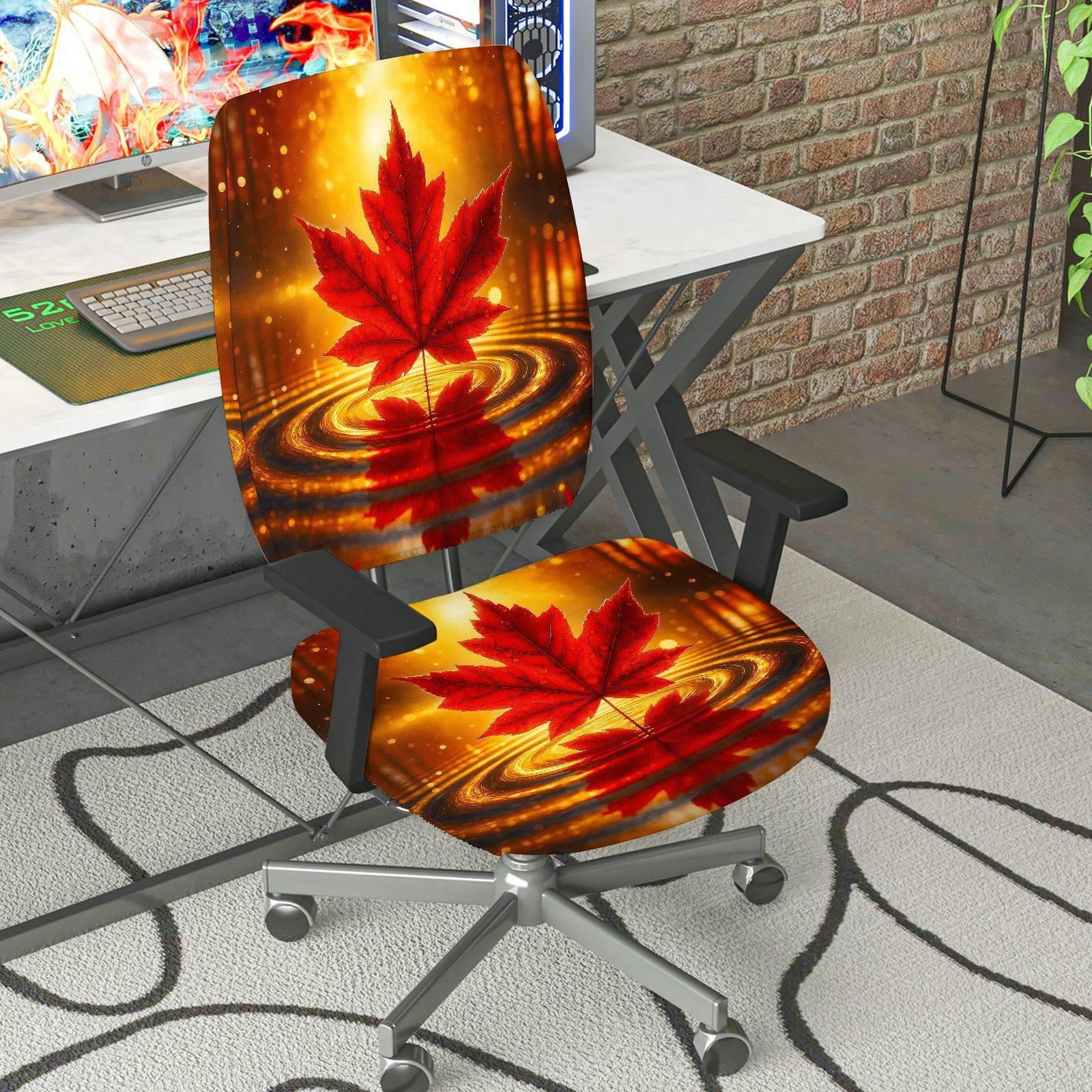 2-Piece Autumn Maple Leaf Nature Festival Holiday Red  Computer Chair Cover Set, Seat and Backrest
