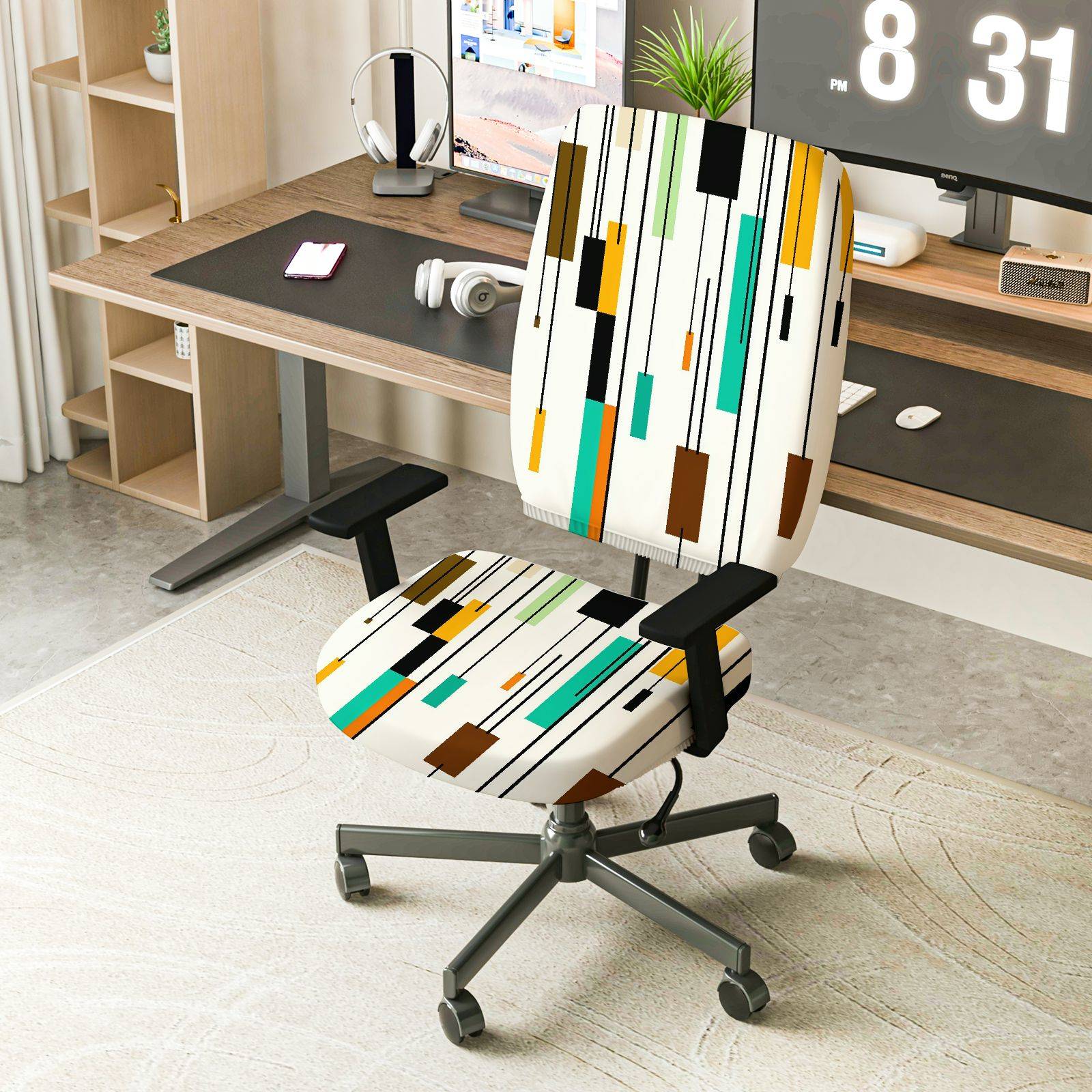 2-Piece Modern Geometric Colorful Pattern  Computer Chair Cover Set, Seat and Backrest