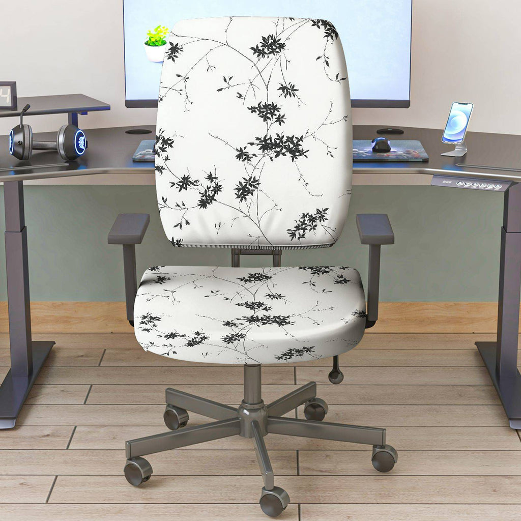 2-Piece Black Floral Printed Modern Elegant Decorative  Computer Chair Cover Set, Seat and Backrest
