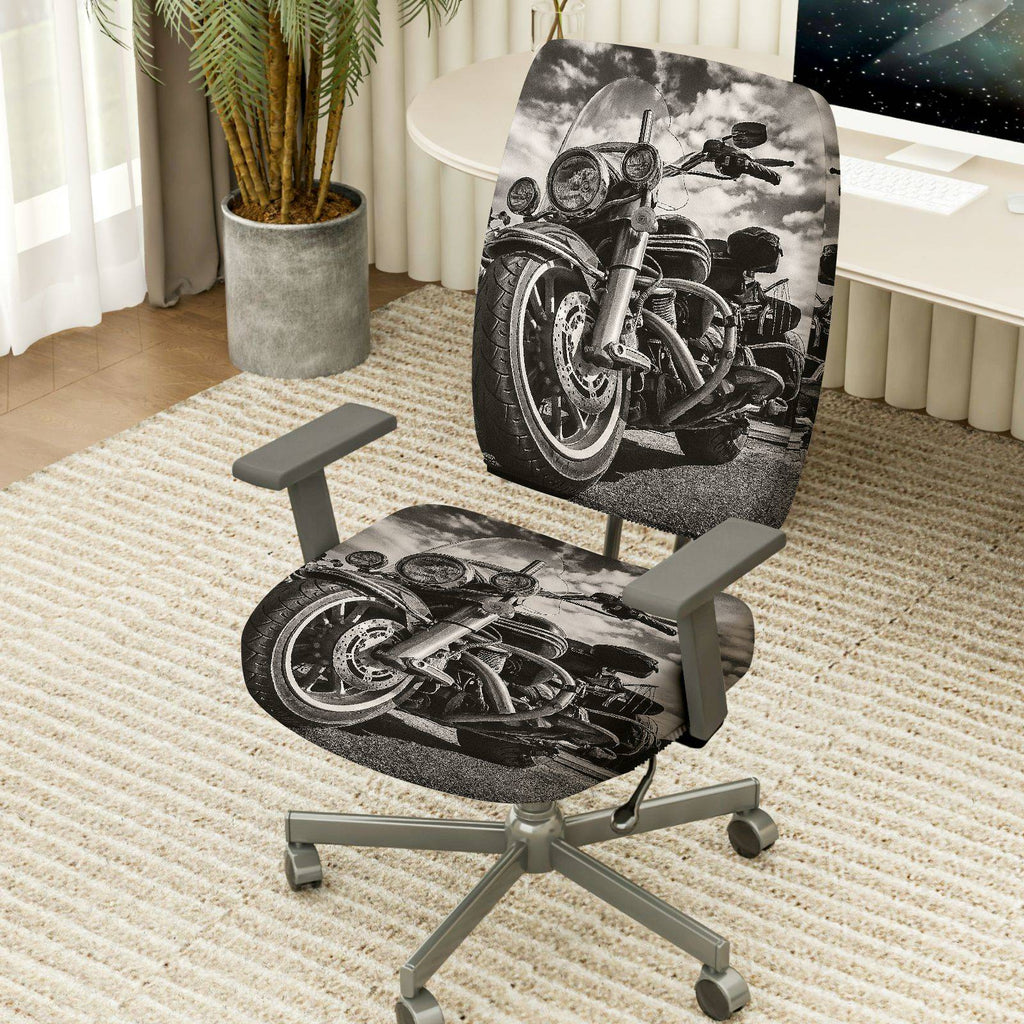 2-Piece Motorcycle Vintage Black and White Artistic Pattern  Computer Chair Cover Set, Seat and Backrest