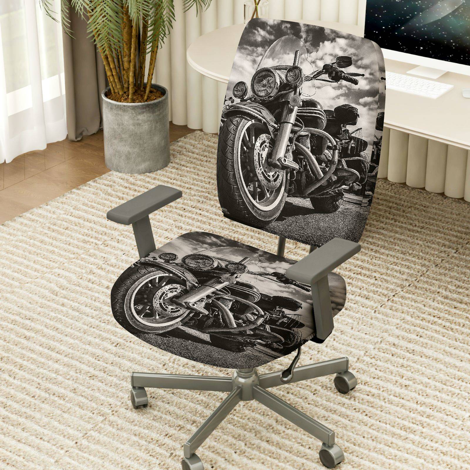 2-Piece Motorcycle Vintage Black and White Artistic Pattern  Computer Chair Cover Set, Seat and Backrest