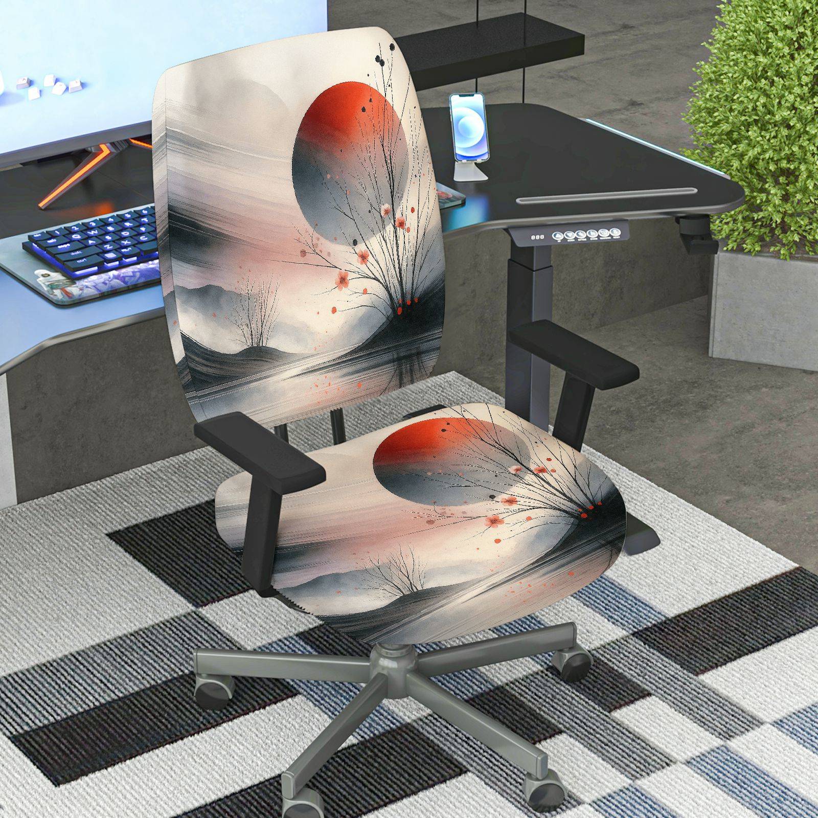 2-Piece Abstract Zen Nature Moon Artistic  Computer Chair Cover Set, Seat and Backrest