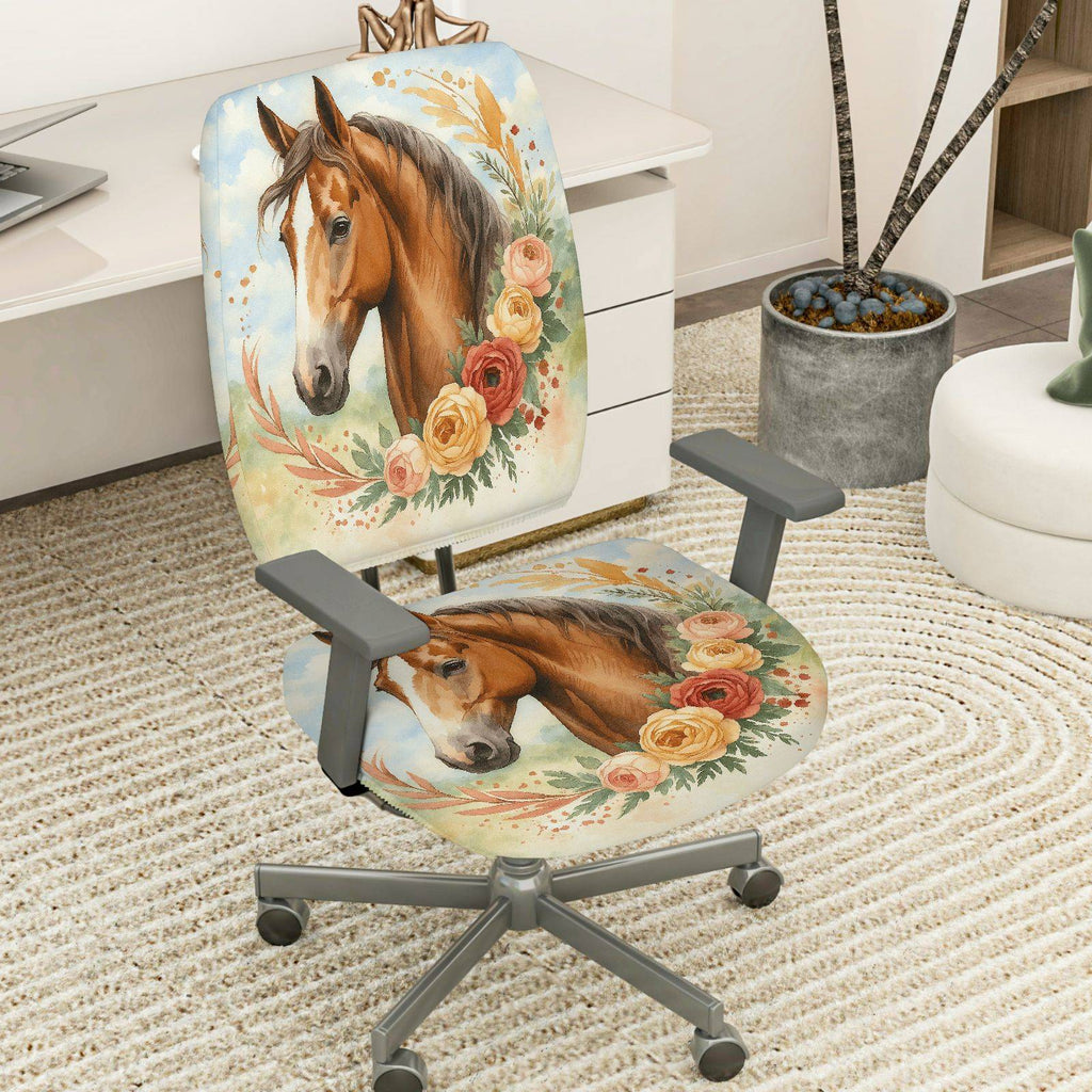 2-Piece Horse Floral Artistic Nature Colored Decoration  Computer Chair Cover Set, Seat and Backrest