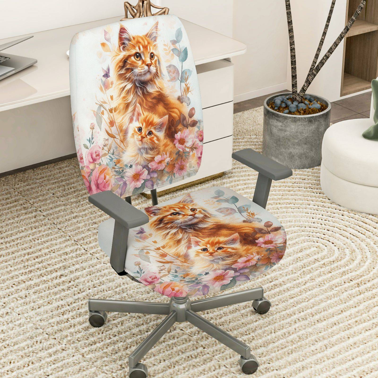2-Piece Cute Floral Cat Animal Art  Computer Chair Cover Set, Seat and Backrest