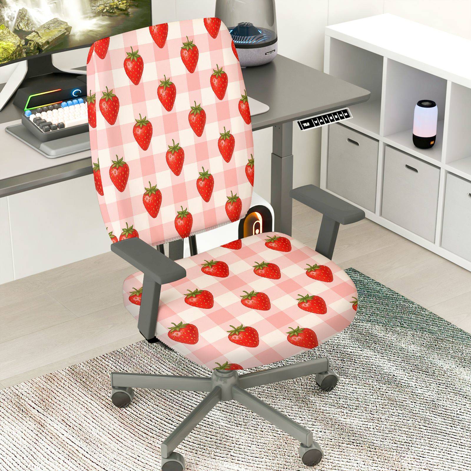 2-Piece Strawberry Checkered Pattern Red Fresh  Computer Chair Cover Set, Seat and Backrest