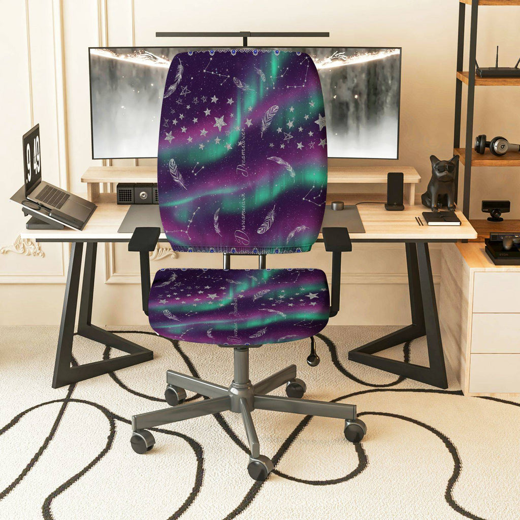 2-Piece Aurora Stars Feathers Galaxy Night  Computer Chair Cover Set, Seat and Backrest