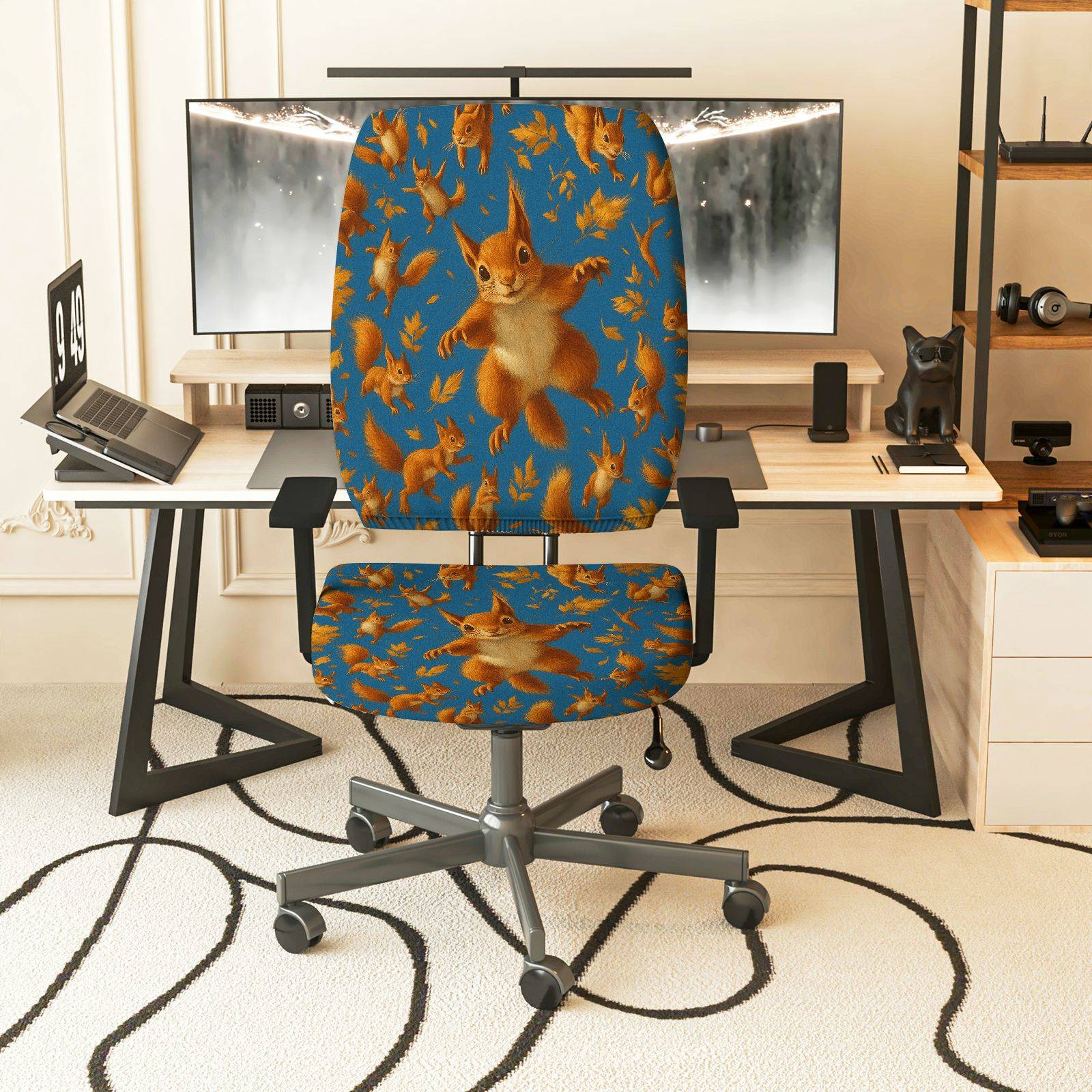 2-Piece Animal Squirrel Leaf Pattern  Computer Chair Cover Set, Seat and Backrest