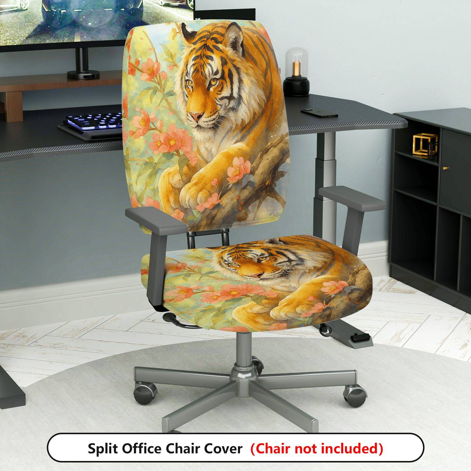 2-Piece Animal Tiger Floral Nature Art  Computer Chair Cover Set, Seat and Backrest