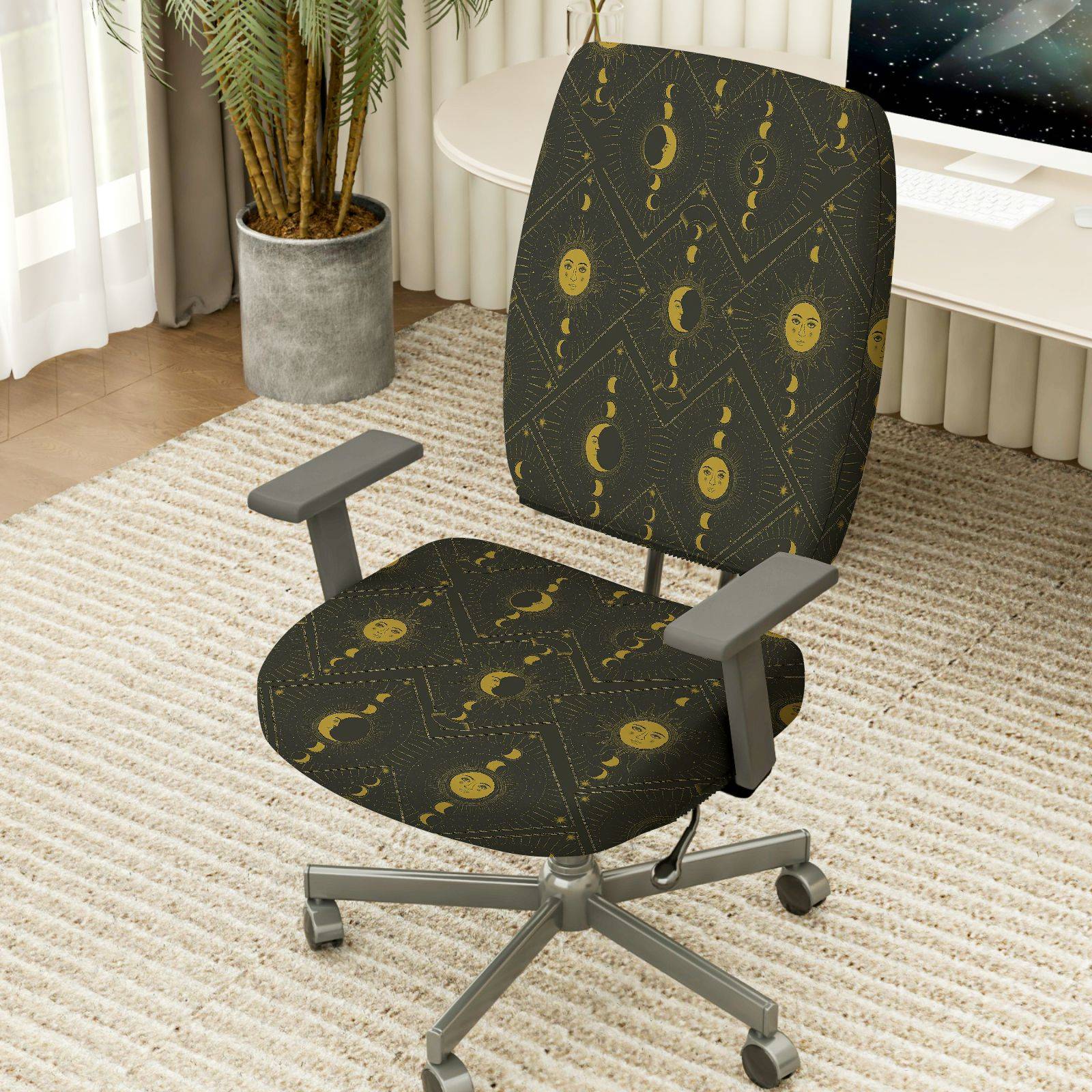 2-Piece Moon Phase Geometric Pattern Yellow Black  Computer Chair Cover Set, Seat and Backrest
