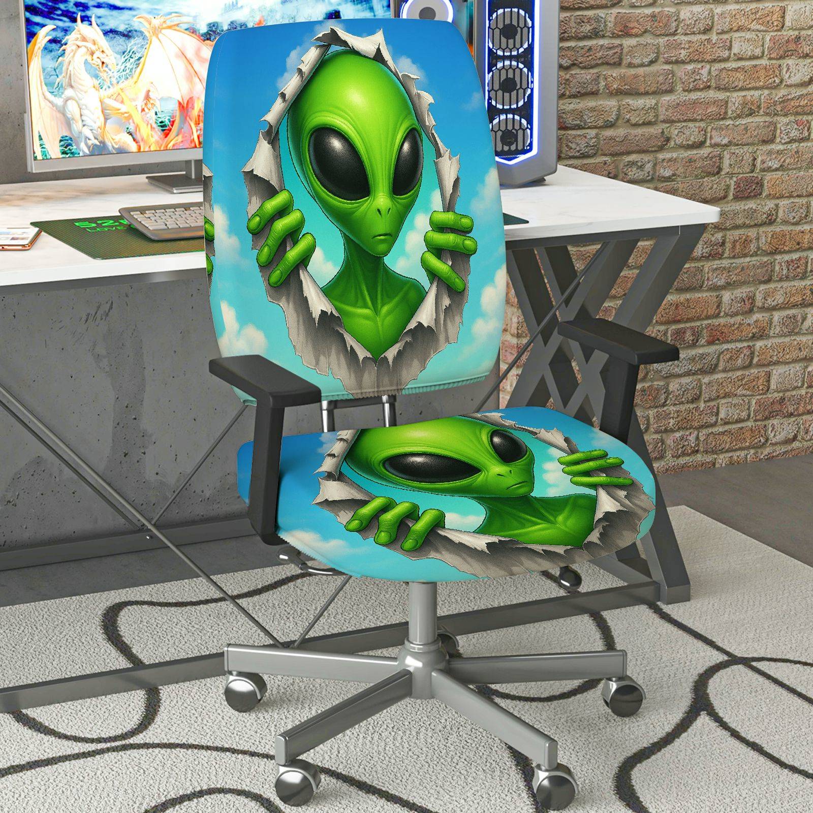 2-Piece Alien Sci-Fi Fun Creative Unique  Computer Chair Cover Set, Seat and Backrest