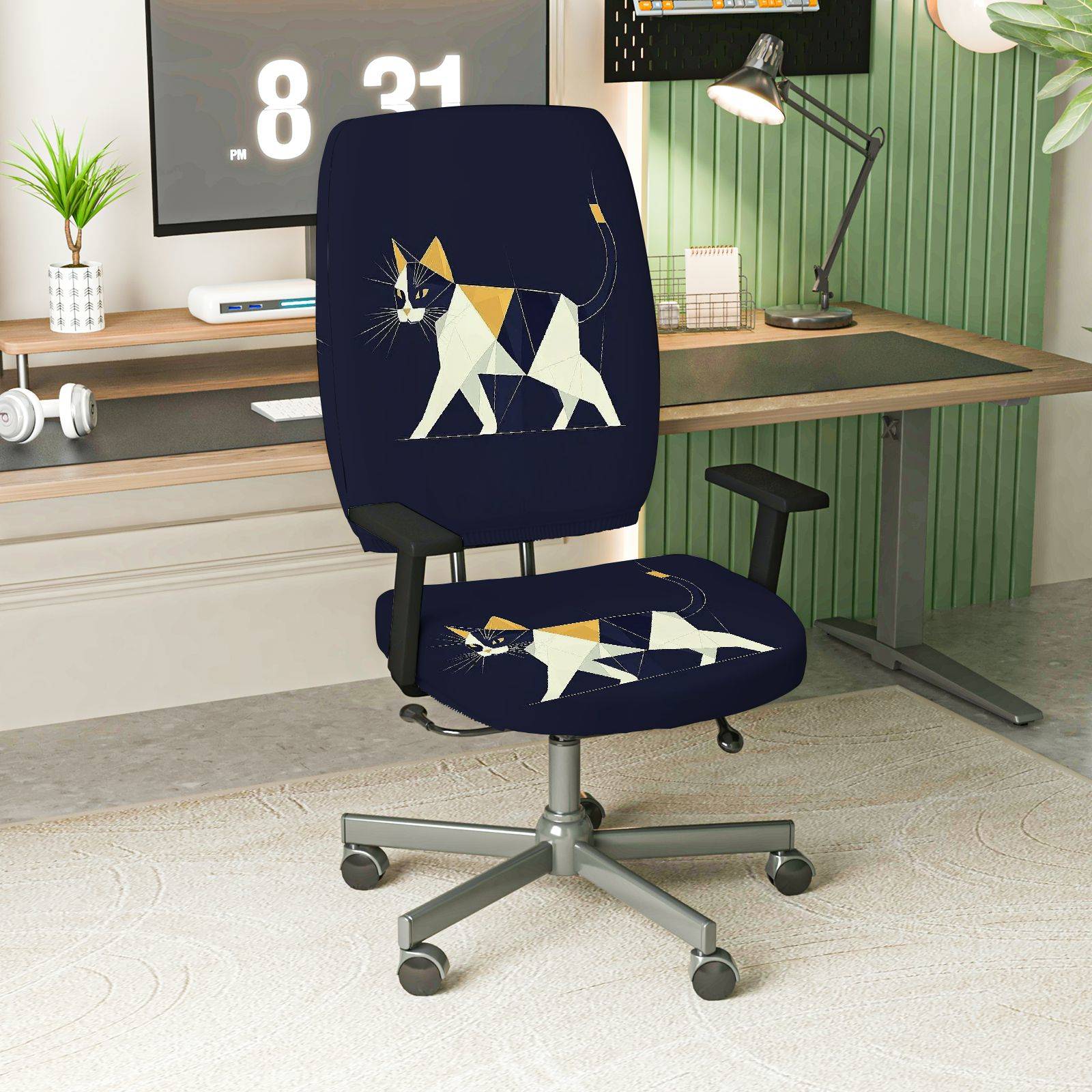 2-Piece Geometric Cat Design Stylish Modern Artistic Animal Themed  Computer Chair Cover Set, Seat and Backrest