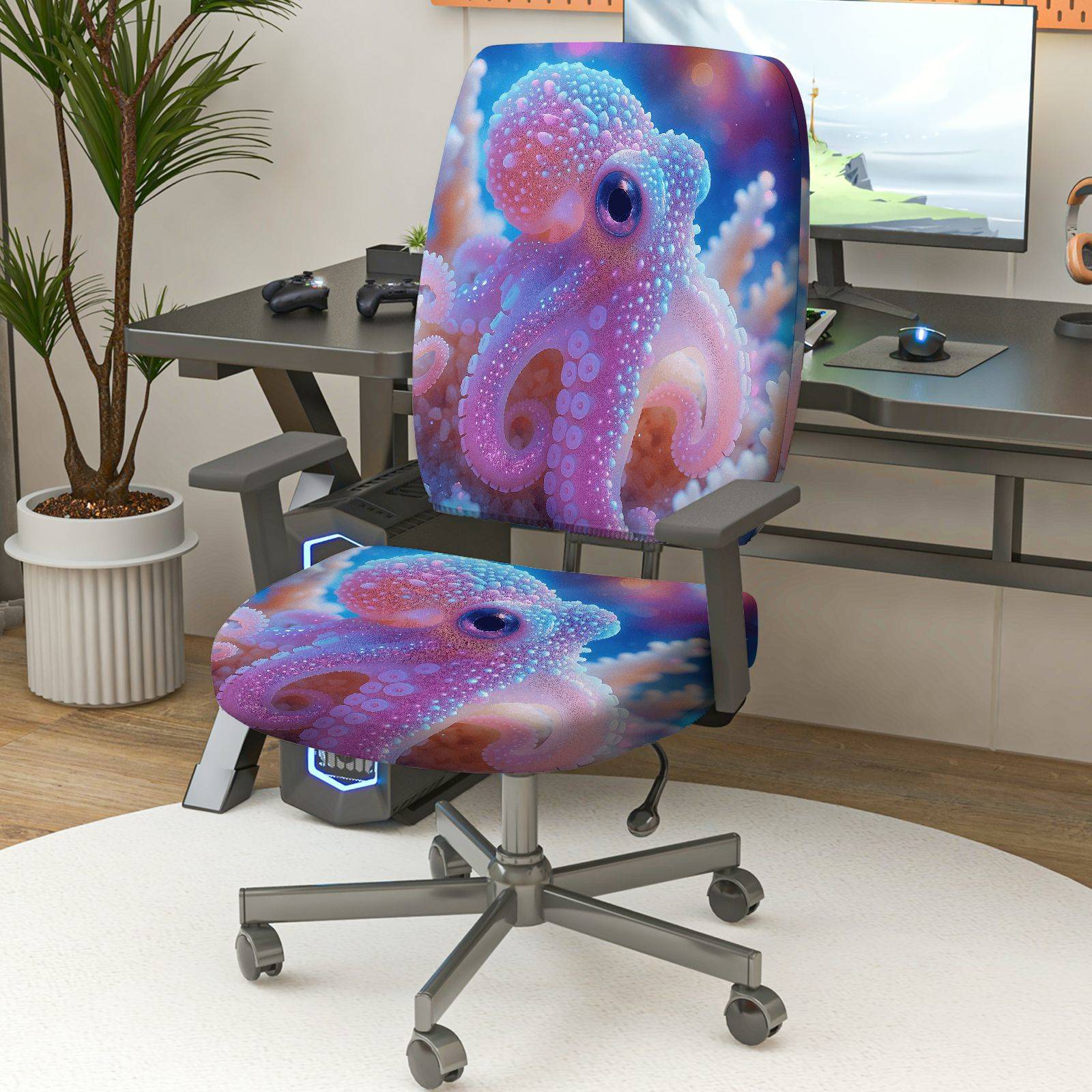 2-Piece Ocean Animal Octopus Coral Pattern Vibrant Color  Computer Chair Cover Set, Seat and Backrest