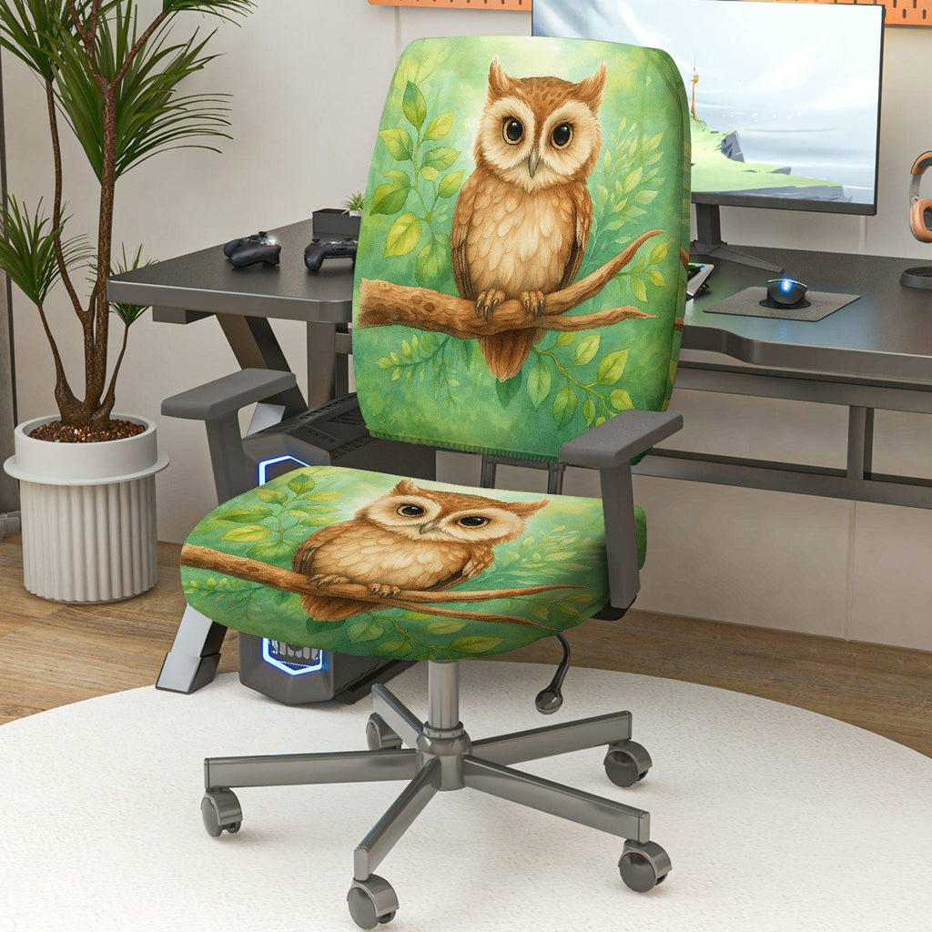 2-Piece Owl Nature Green Art Animal Forest  Computer Chair Cover Set, Seat and Backrest