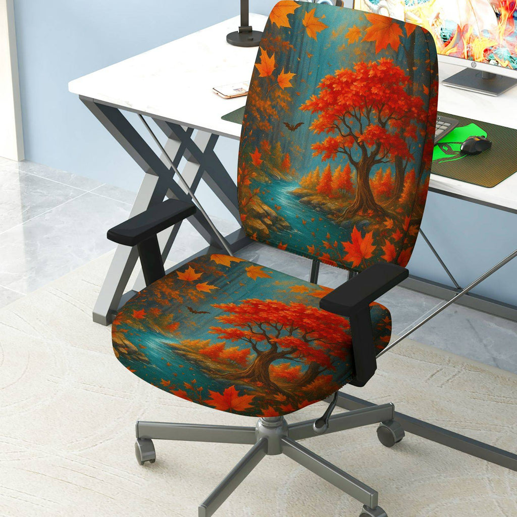 2-Piece Autumn Maple Tree River Bat Leaves  Computer Chair Cover Set, Seat and Backrest