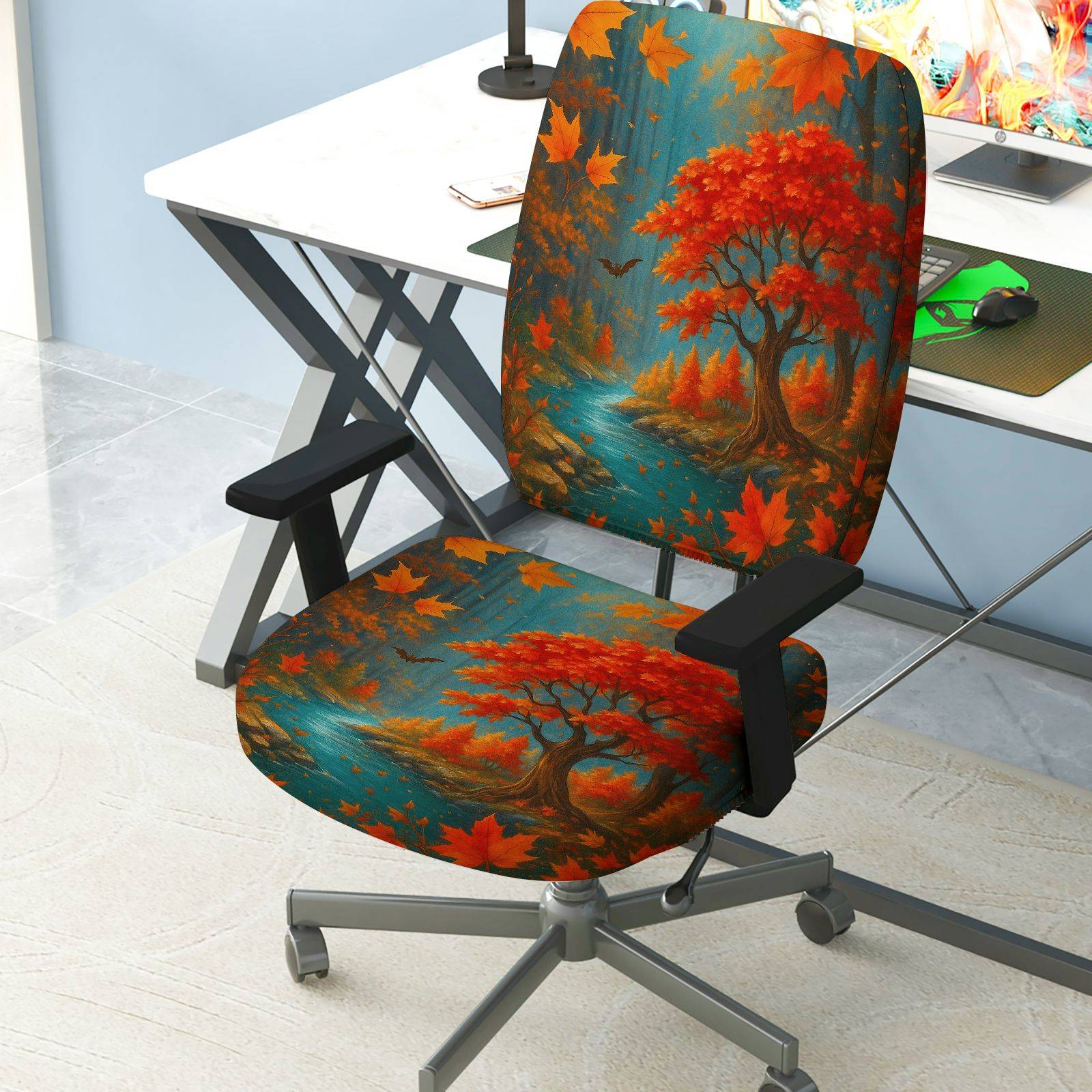 2-Piece Autumn Maple Tree River Bat Leaves  Computer Chair Cover Set, Seat and Backrest