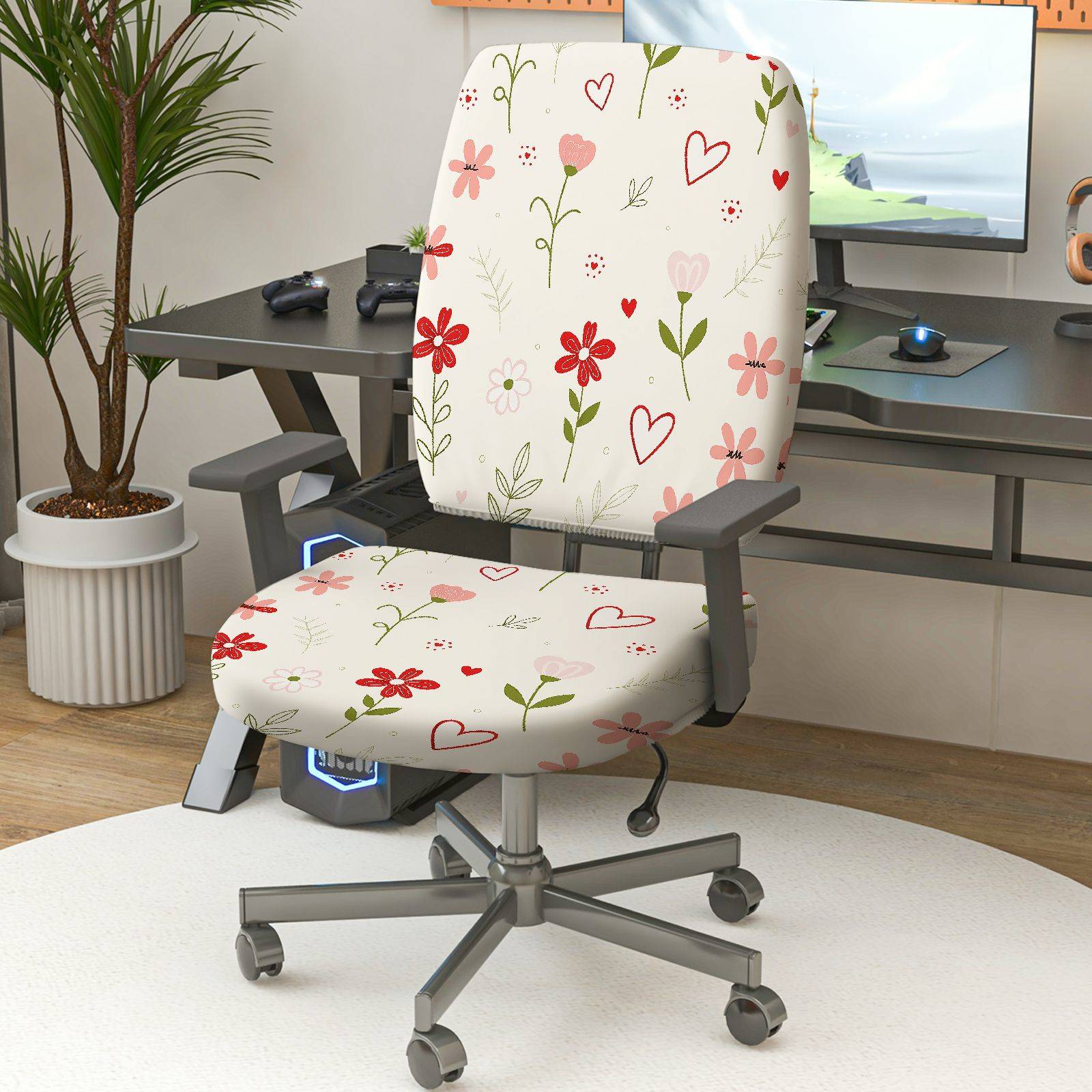 2-Piece Floral Heart Pattern Pink Red Green  Computer Chair Cover Set, Seat and Backrest
