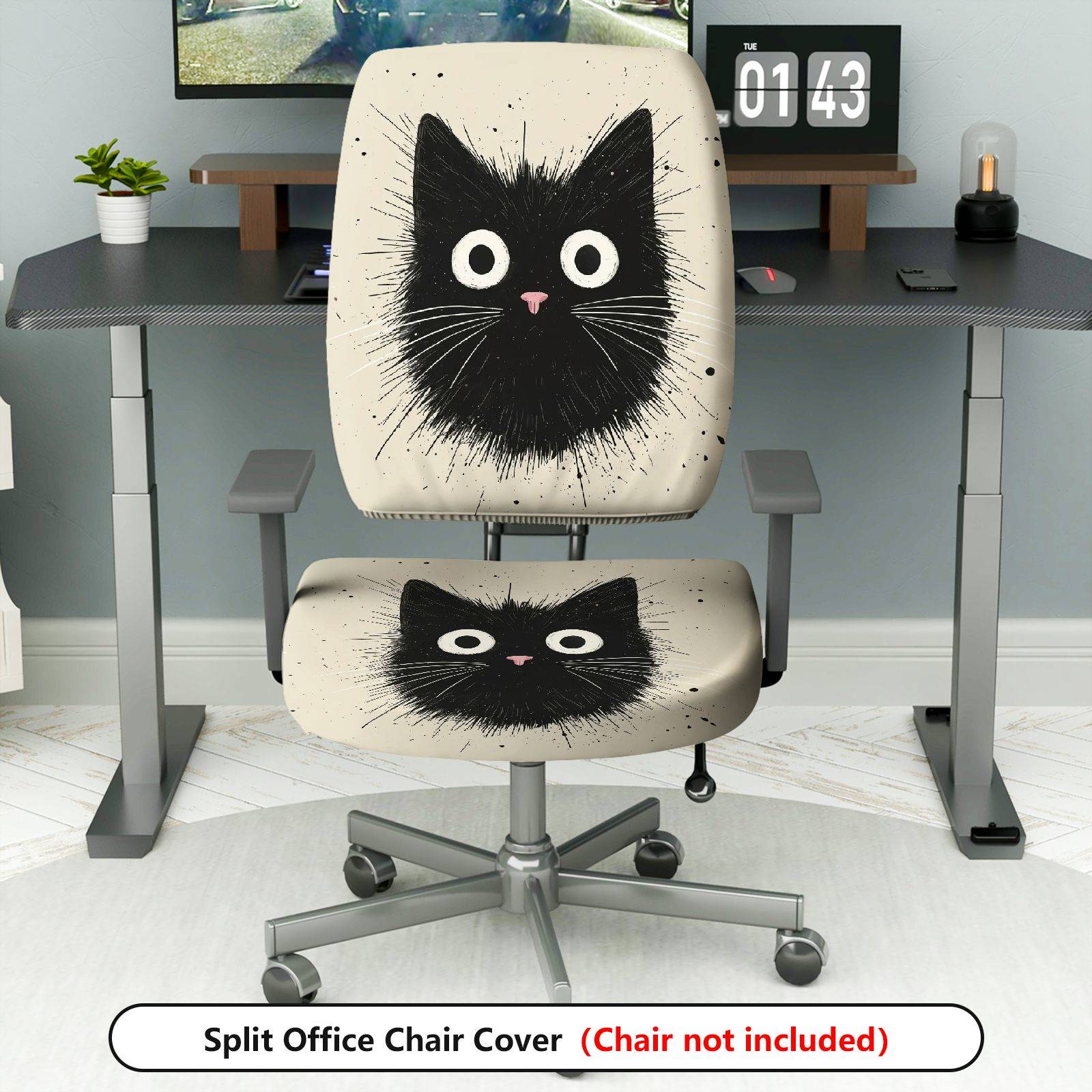 2-Piece Black Cat Halloween Fun Whimsical  Computer Chair Cover Set, Seat and Backrest