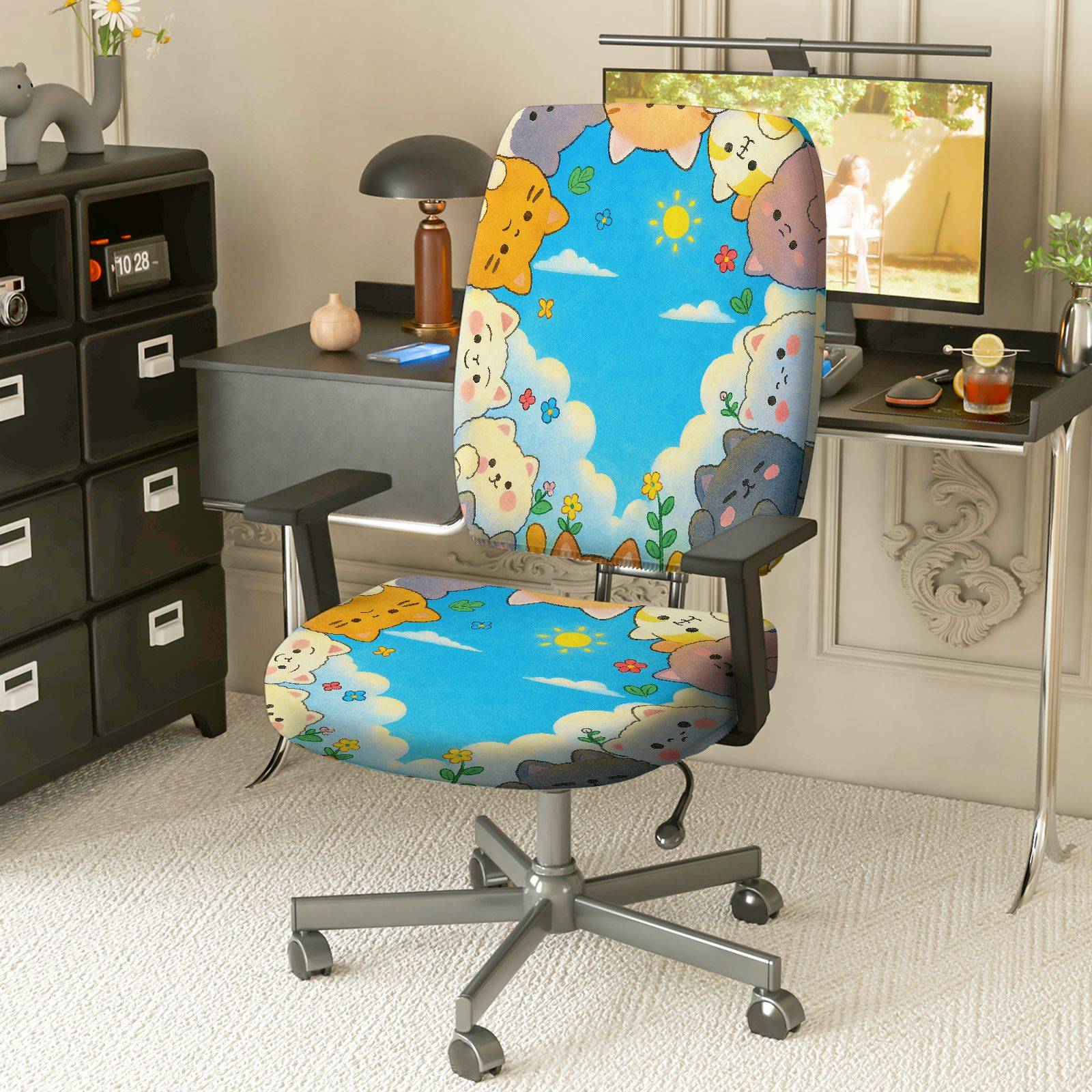 2-Piece Animal Cloud Sky Floral Colorful  Computer Chair Cover Set, Seat and Backrest