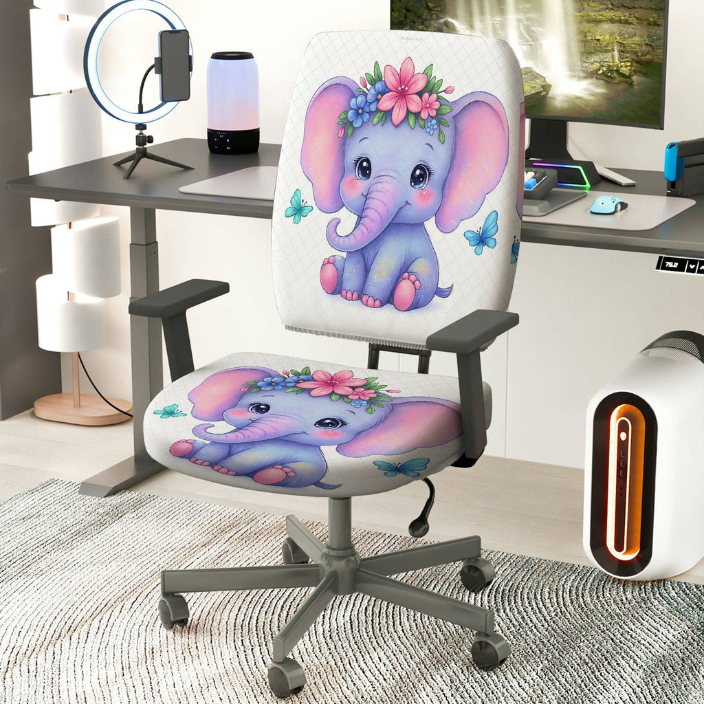 2-Piece Cute Elephant Flower Butterfly  Computer Chair Cover Set, Seat and Backrest