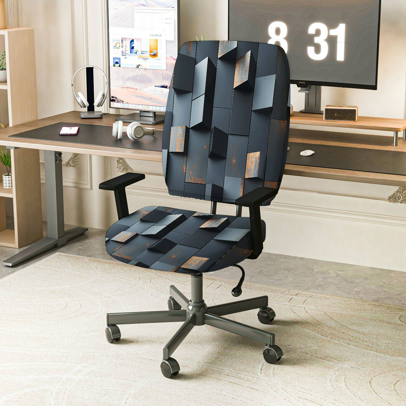 2-Piece Modern Geometric Pattern Dark Tone  Computer Chair Cover Set, Seat and Backrest