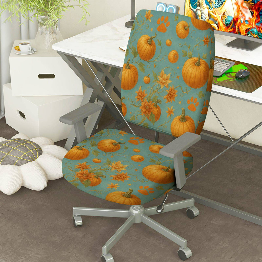 2-Piece Autumn Pumpkin Leaves Festive Decorative  Computer Chair Cover Set, Seat and Backrest