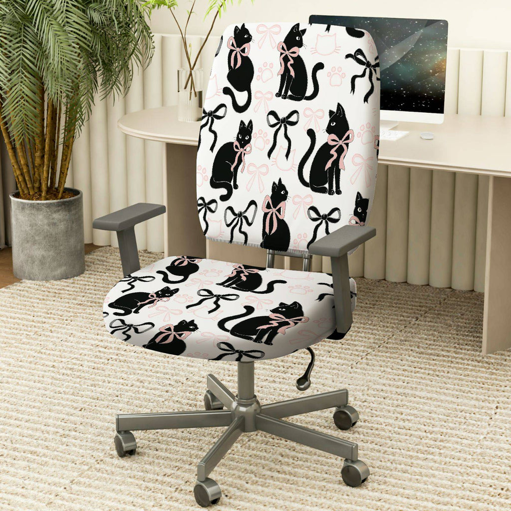 2-Piece Black cat bow paw print  Computer Chair Cover Set, Seat and Backrest