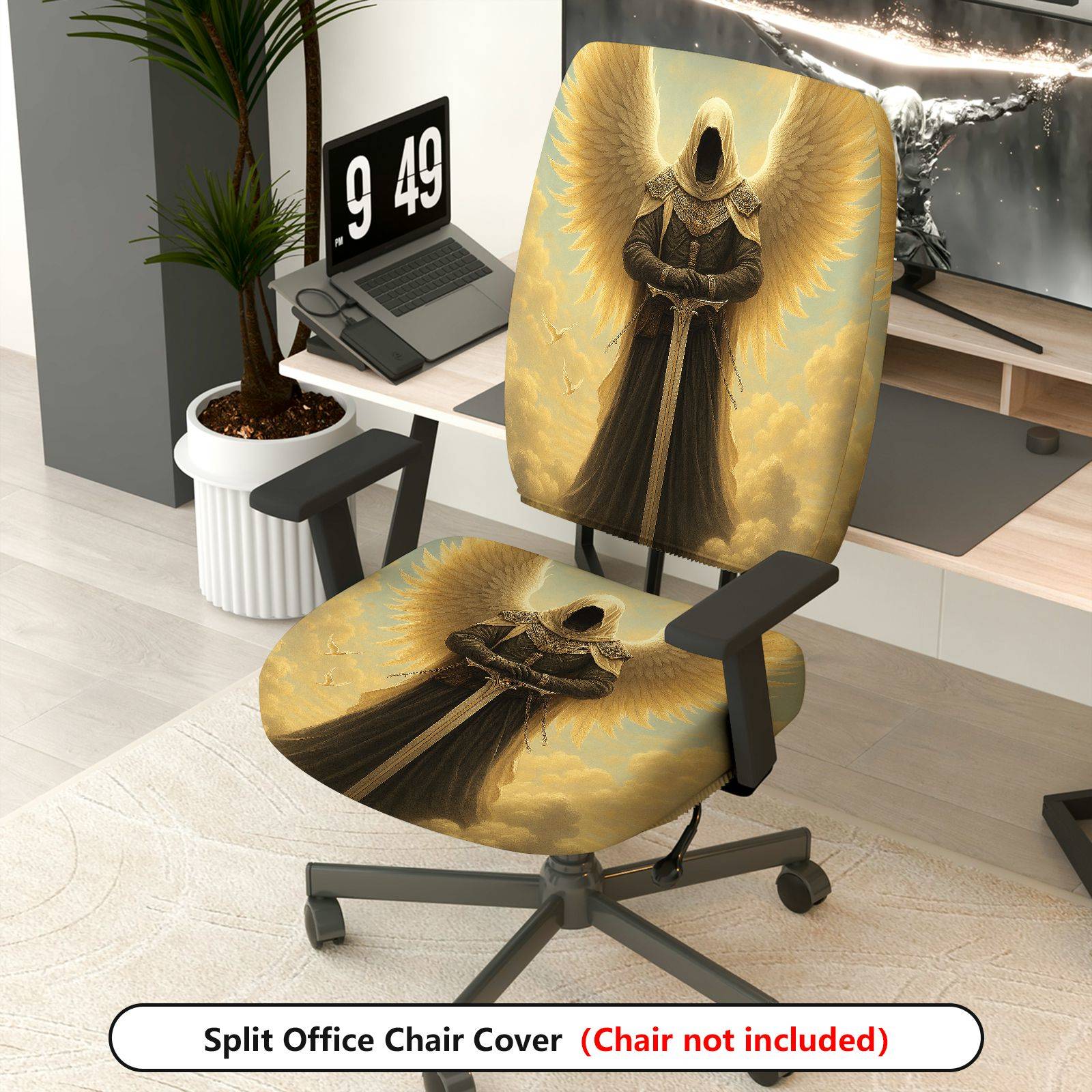 2-Piece Angel Warrior Wings Sword Fantasy Gothic  Computer Chair Cover Set, Seat and Backrest