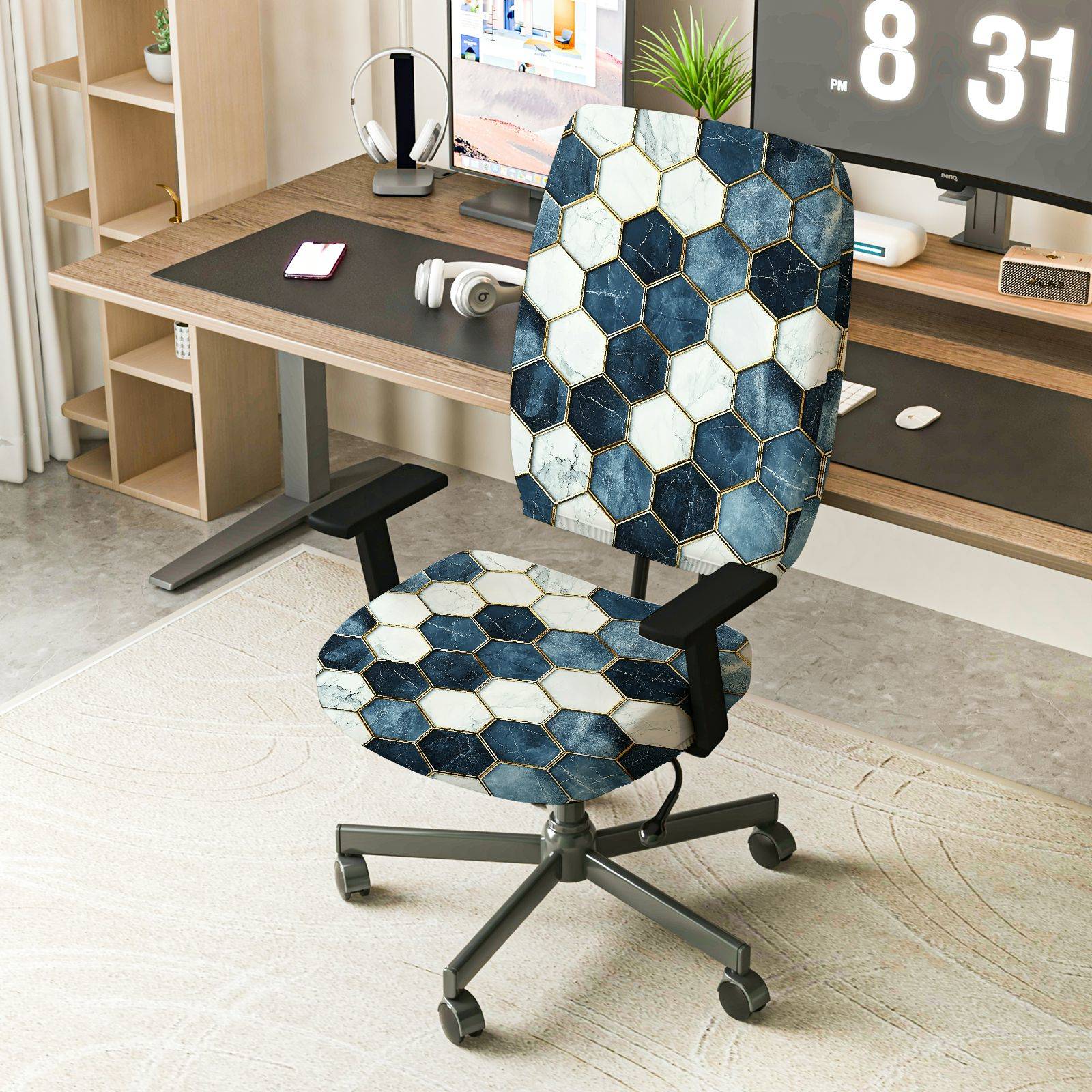 2-Piece Hexagon Geometric Modern Stylish  Computer Chair Cover Set, Seat and Backrest