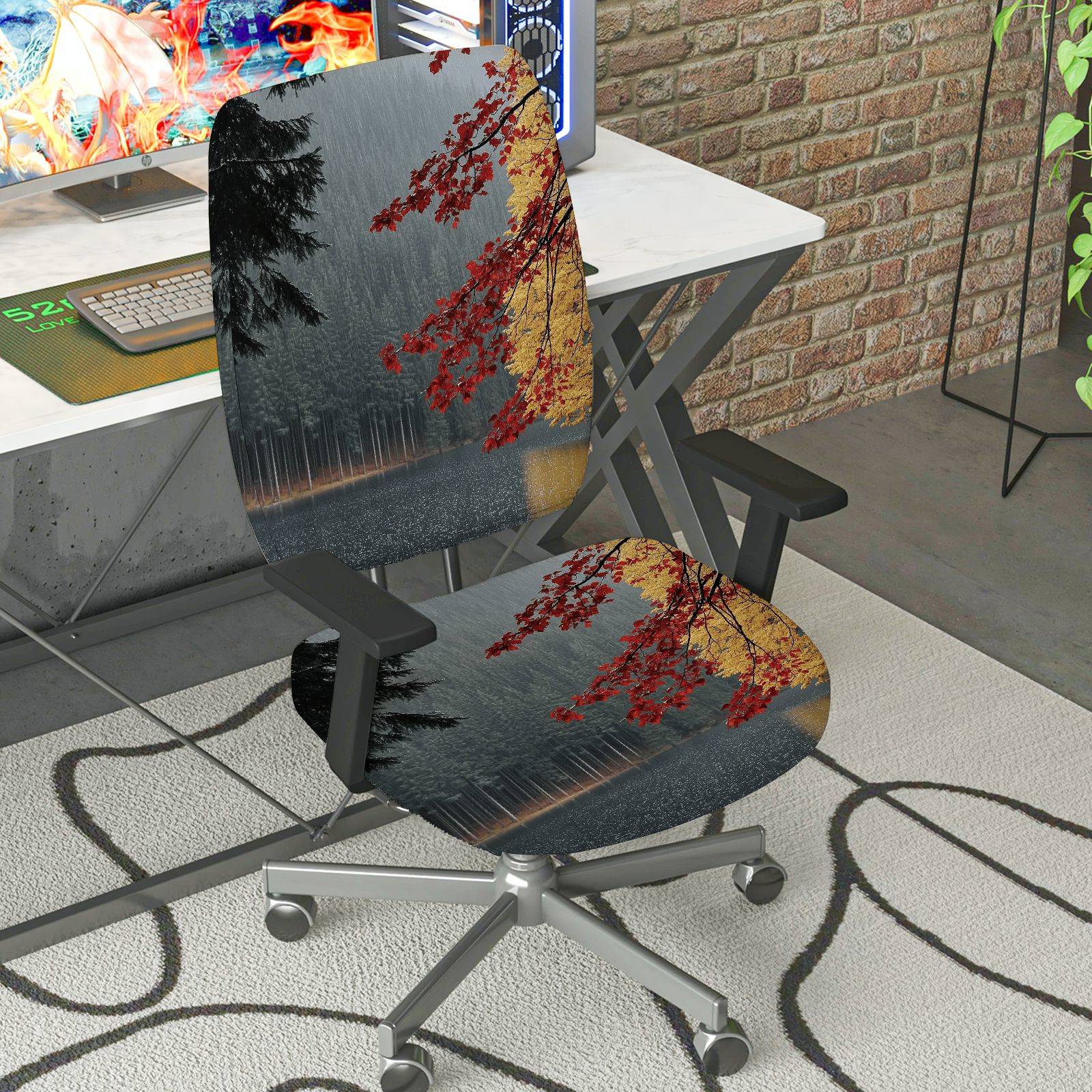 2-Piece Autumn Tree Forest Landscape  Computer Chair Cover Set, Seat and Backrest