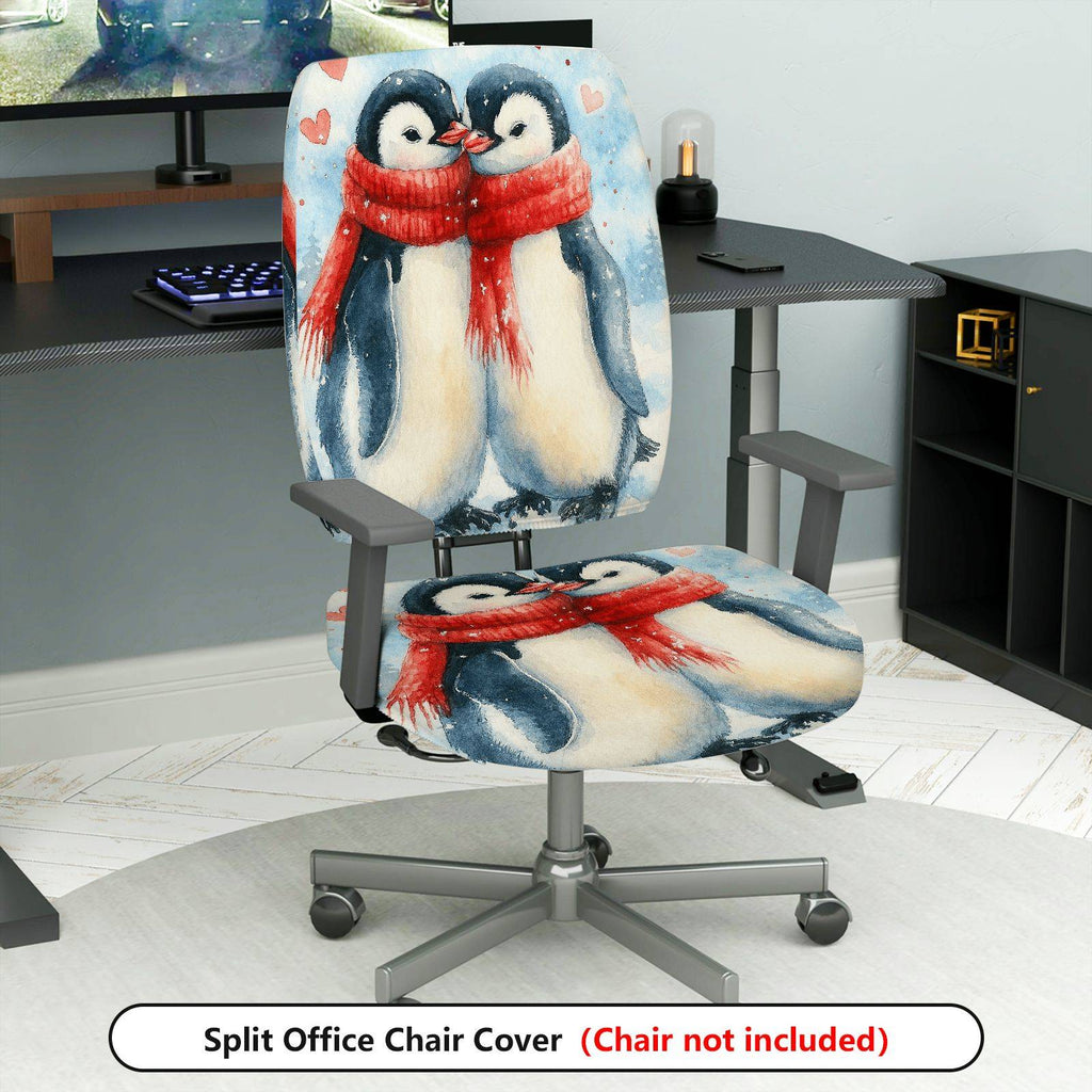 2-Piece Animal Winter Love Penguin Snow  Computer Chair Cover Set, Seat and Backrest